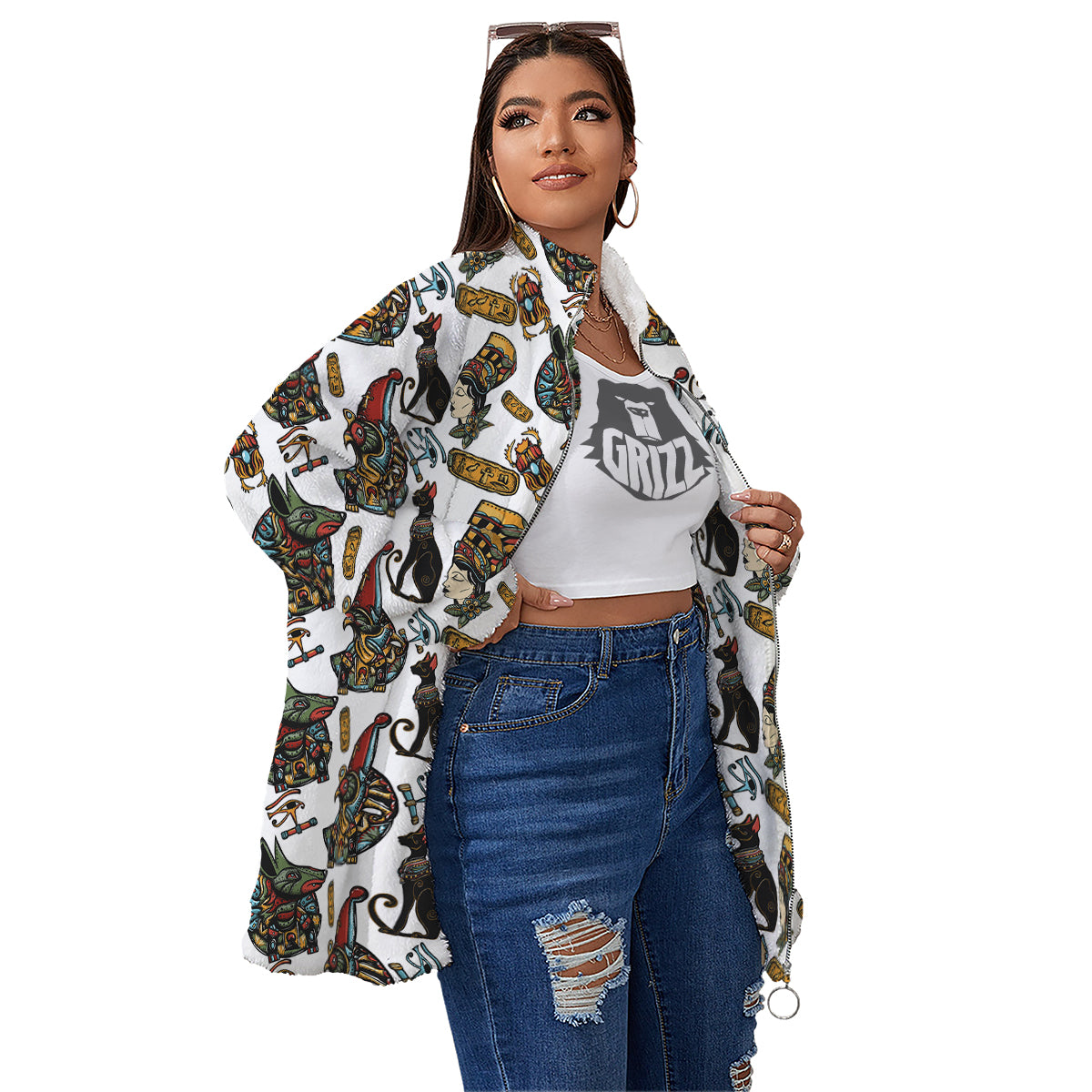 Ancient Egypt Old School Tattoo Print Pattern Women's Sherpa Jacket-grizzshop