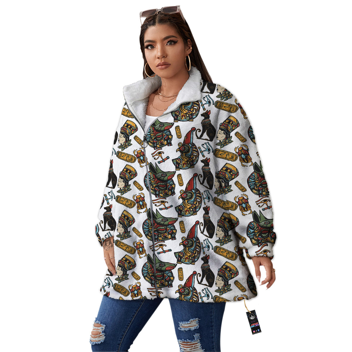 Ancient Egypt Old School Tattoo Print Pattern Women's Sherpa Jacket-grizzshop