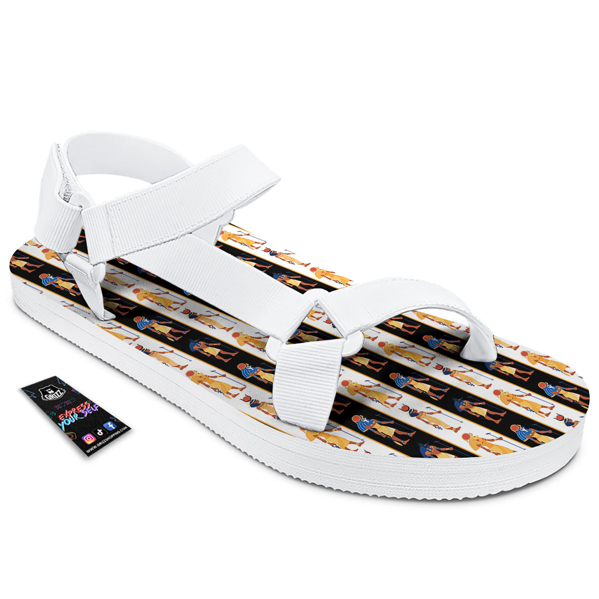 Ancient Egypt Stripe Print Pattern White Open Toe Sandals-grizzshop