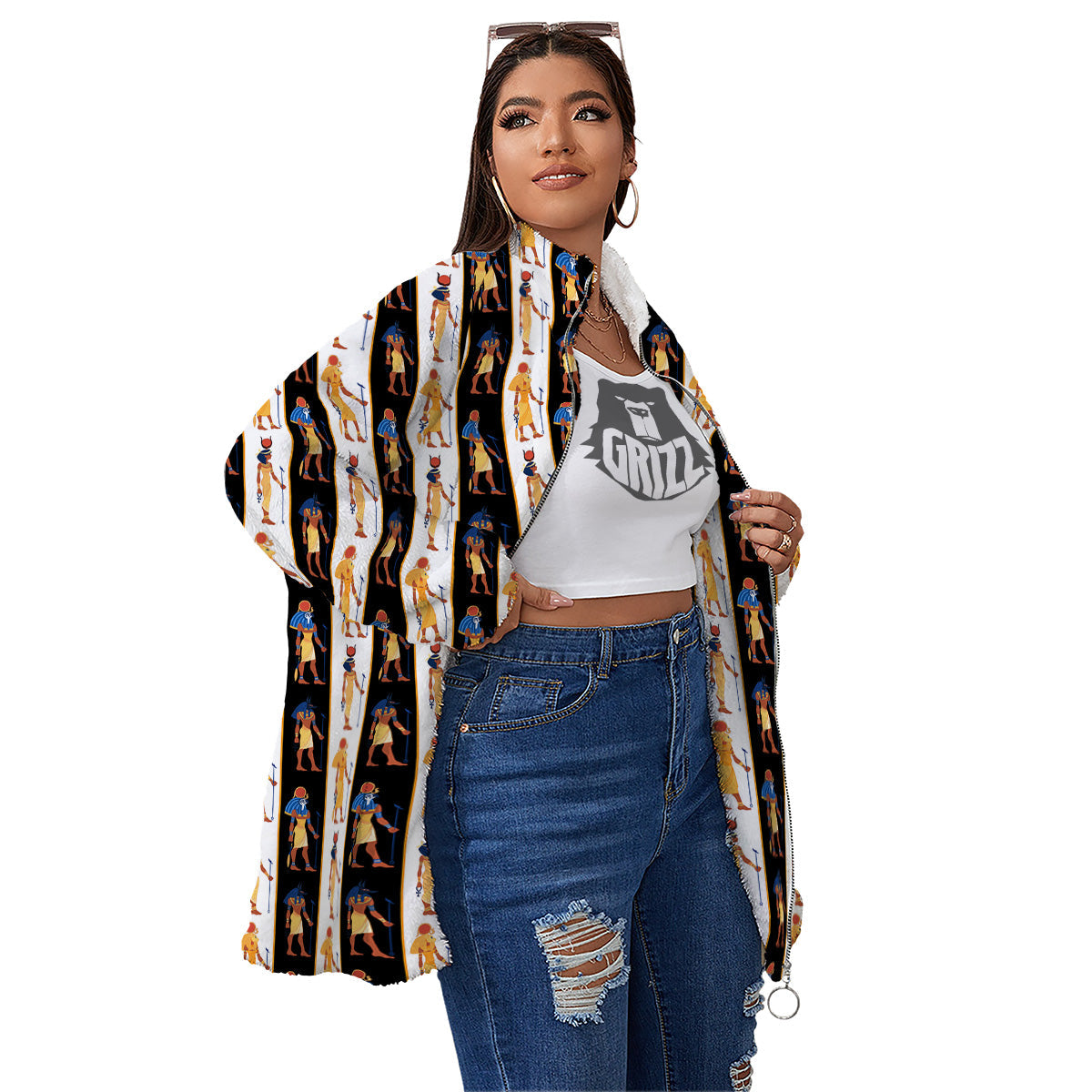 Ancient Egypt Stripe Print Pattern Women's Sherpa Jacket-grizzshop