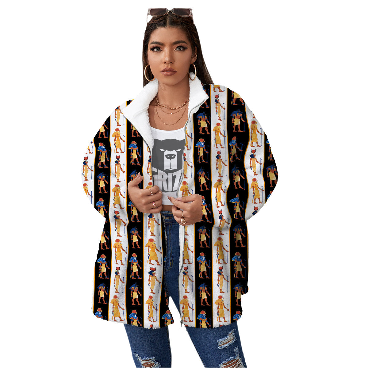 Ancient Egypt Stripe Print Pattern Women's Sherpa Jacket-grizzshop