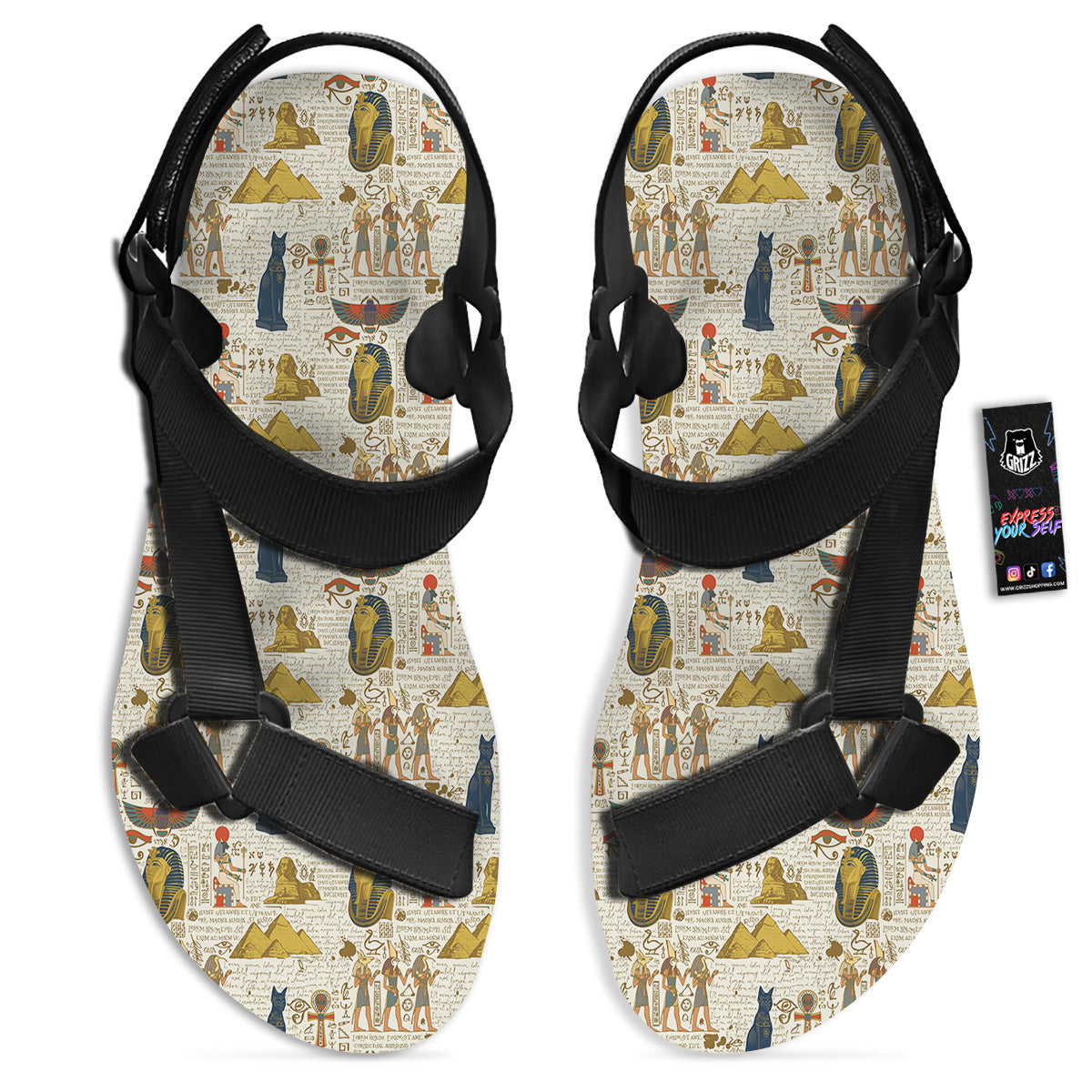 Ancient Egypt Text Print Pattern Black Open Toe Sandals-grizzshop
