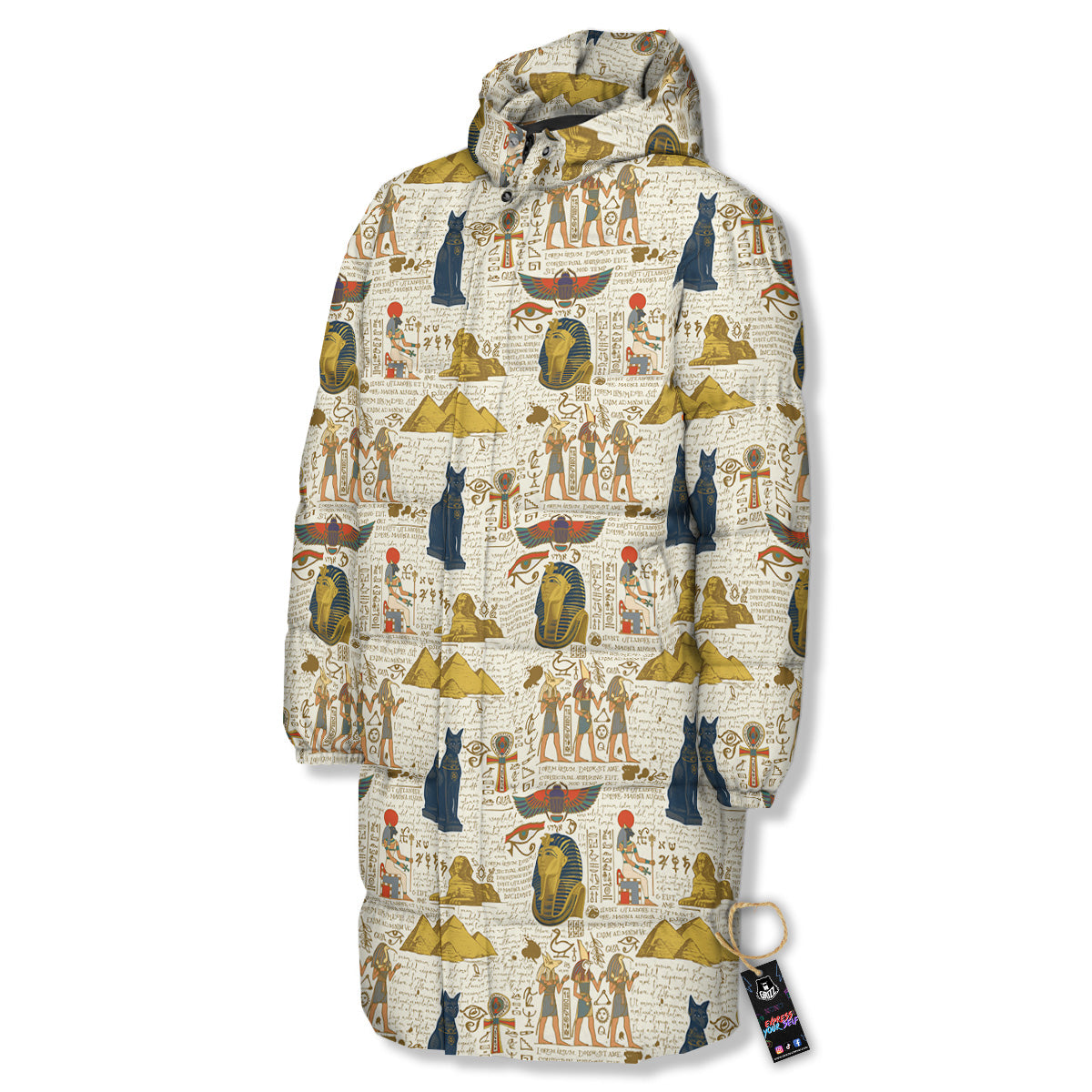 Ancient Egypt Text Print Pattern Long Down Jacket-grizzshop