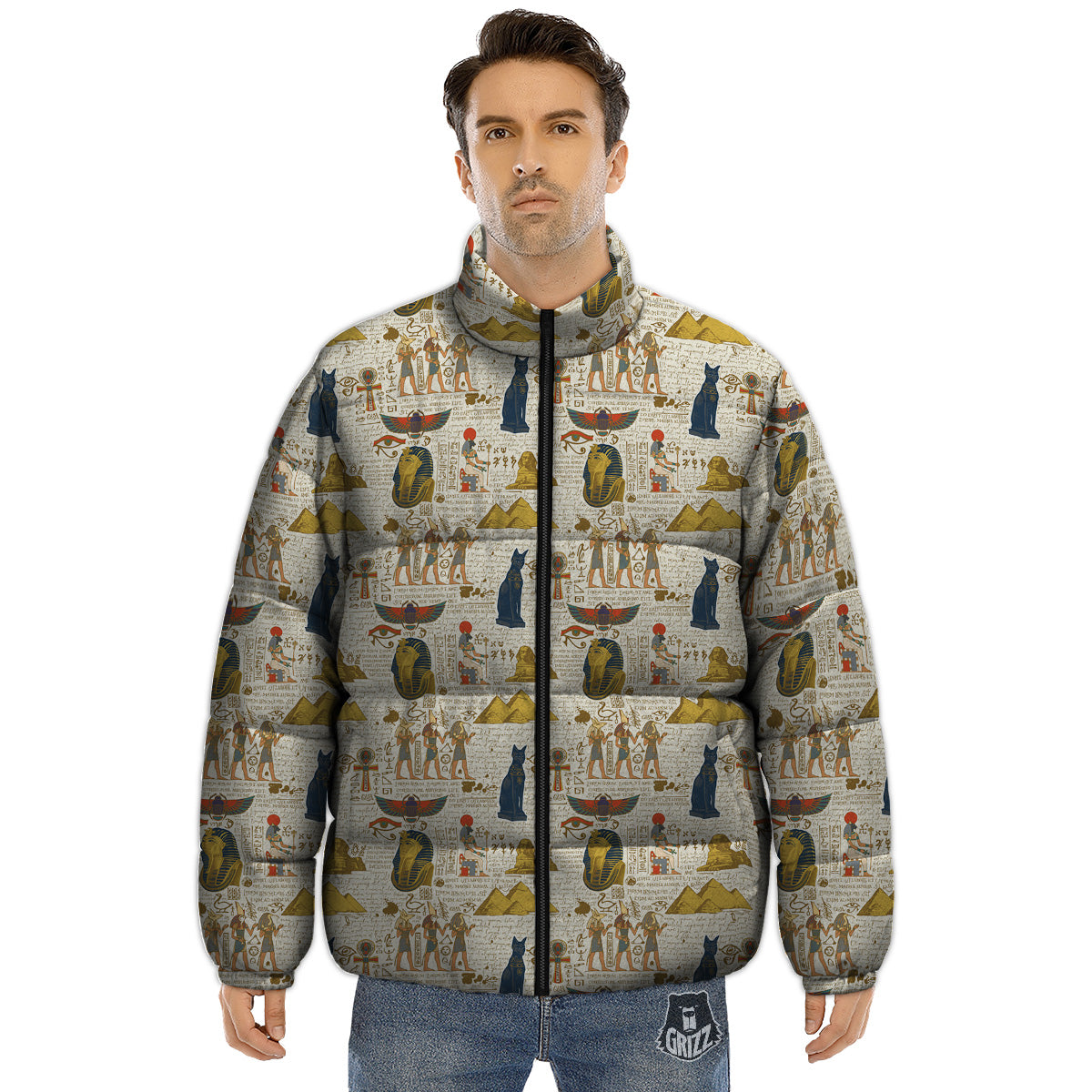 Ancient Egypt Text Print Pattern Puffer Jacket-grizzshop