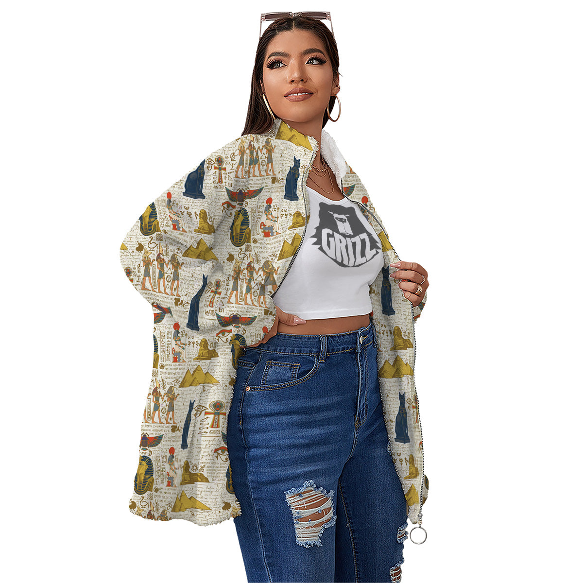 Ancient Egypt Text Print Pattern Women's Sherpa Jacket-grizzshop