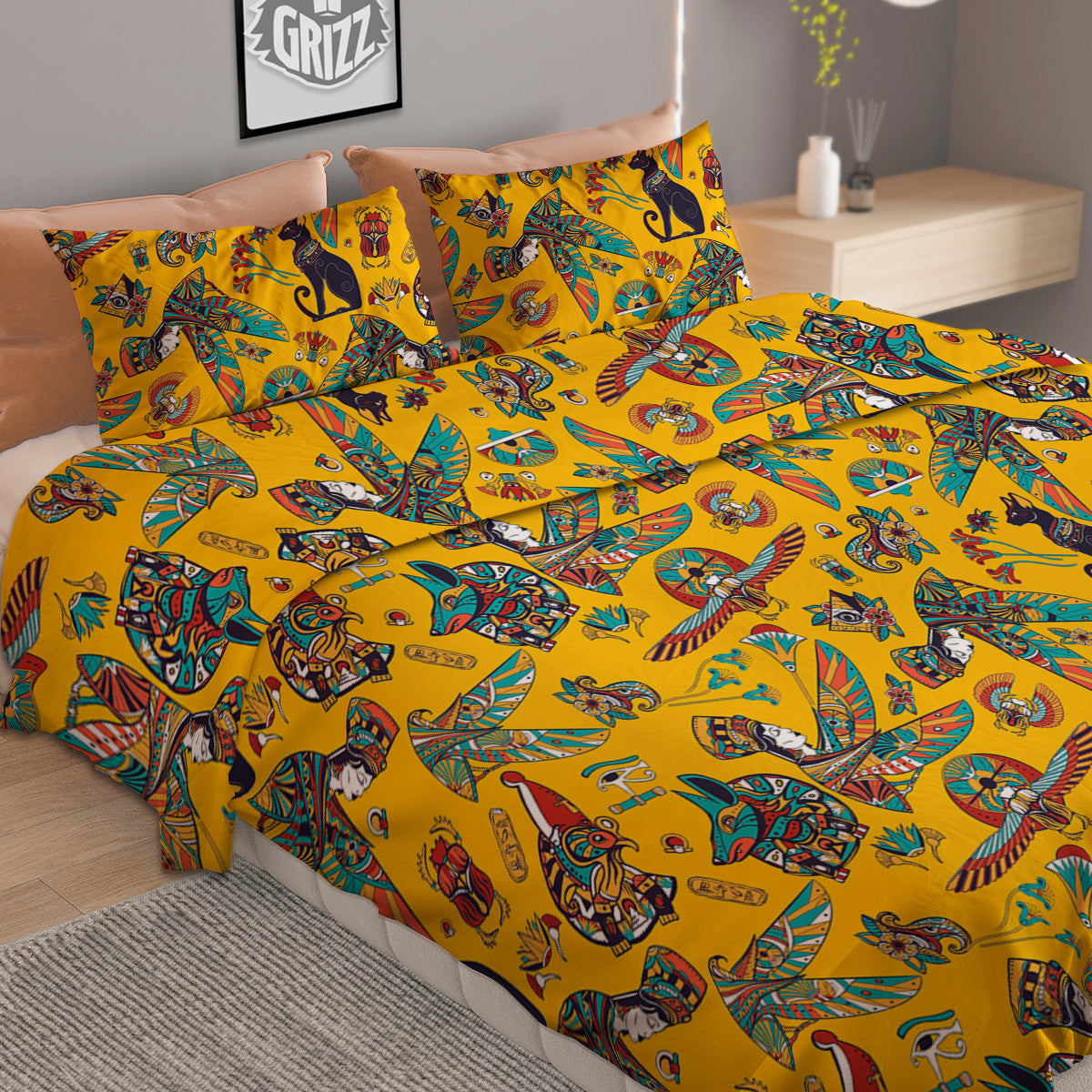 Ancient Egypt Yellow Print Pattern Duvet Cover Bedding Set