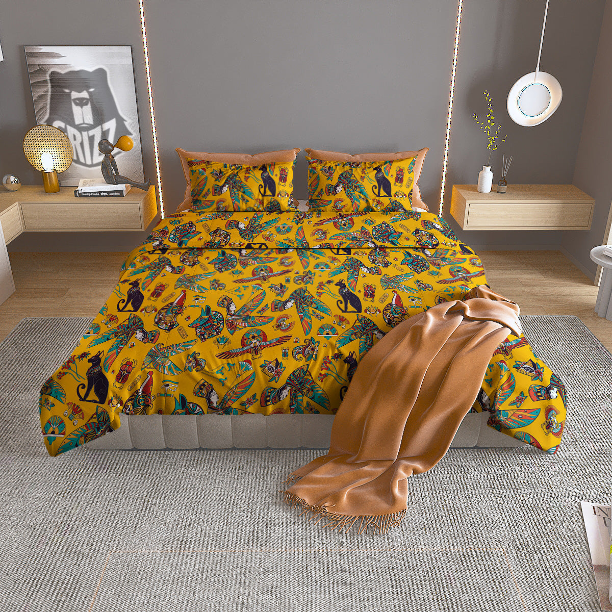 Ancient Egypt Yellow Print Pattern Duvet Cover Bedding Set