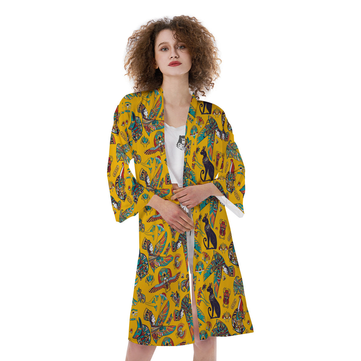 Ancient Egypt Yellow Print Pattern Kimono-grizzshop