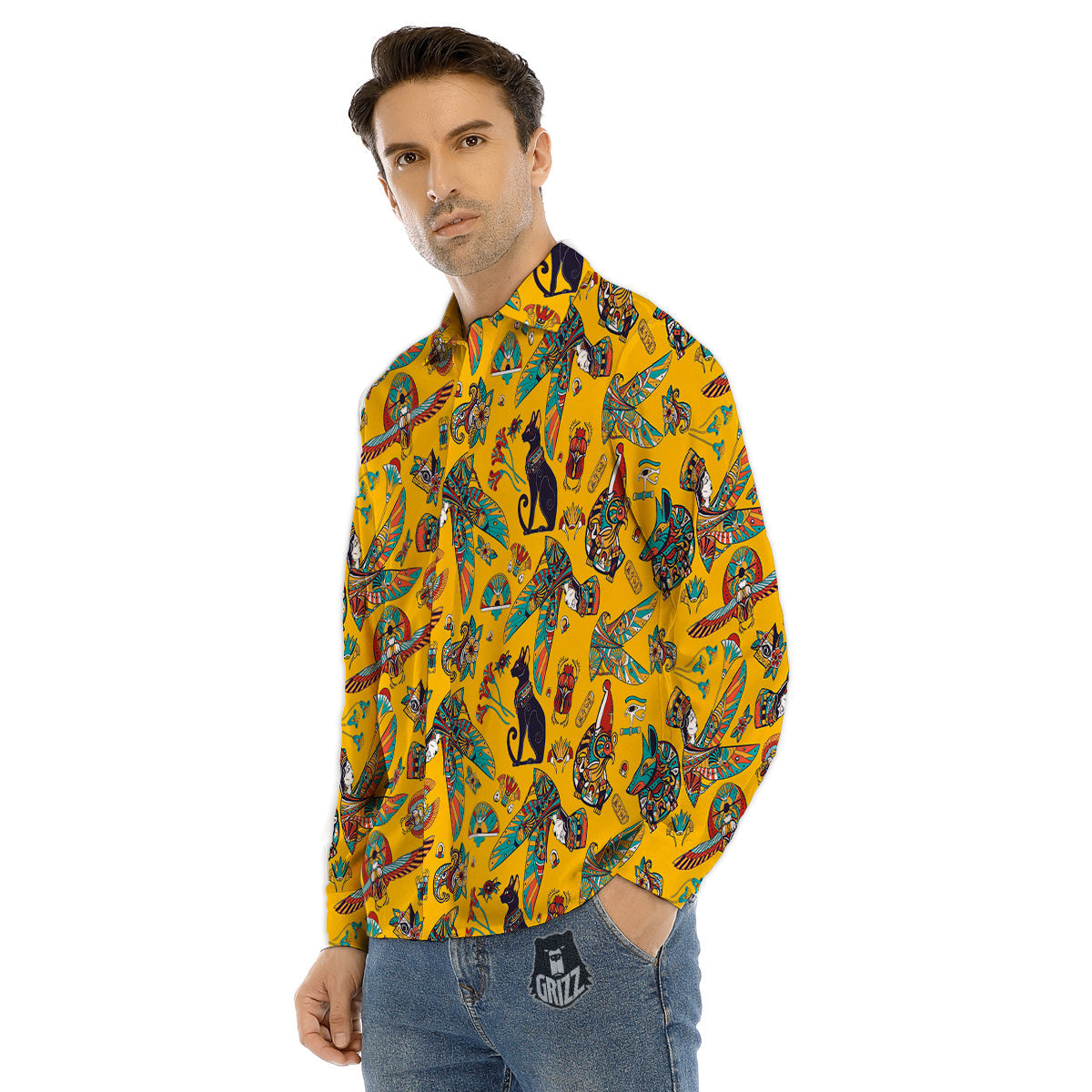 Ancient Egypt Yellow Print Pattern Men's Dress Shirts-grizzshop