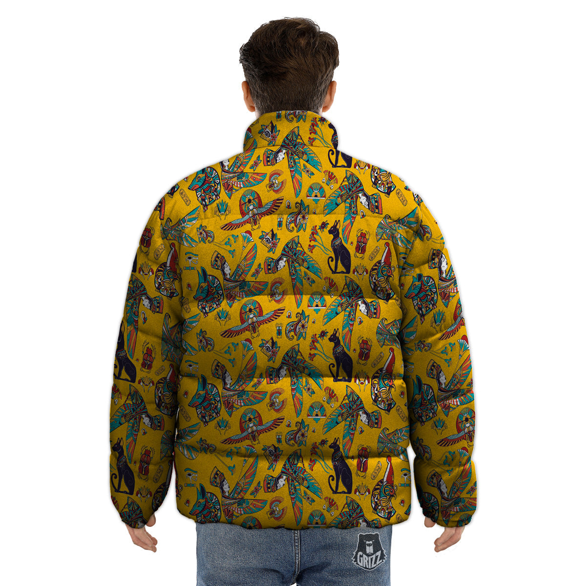 Ancient Egypt Yellow Print Pattern Puffer Jacket-grizzshop