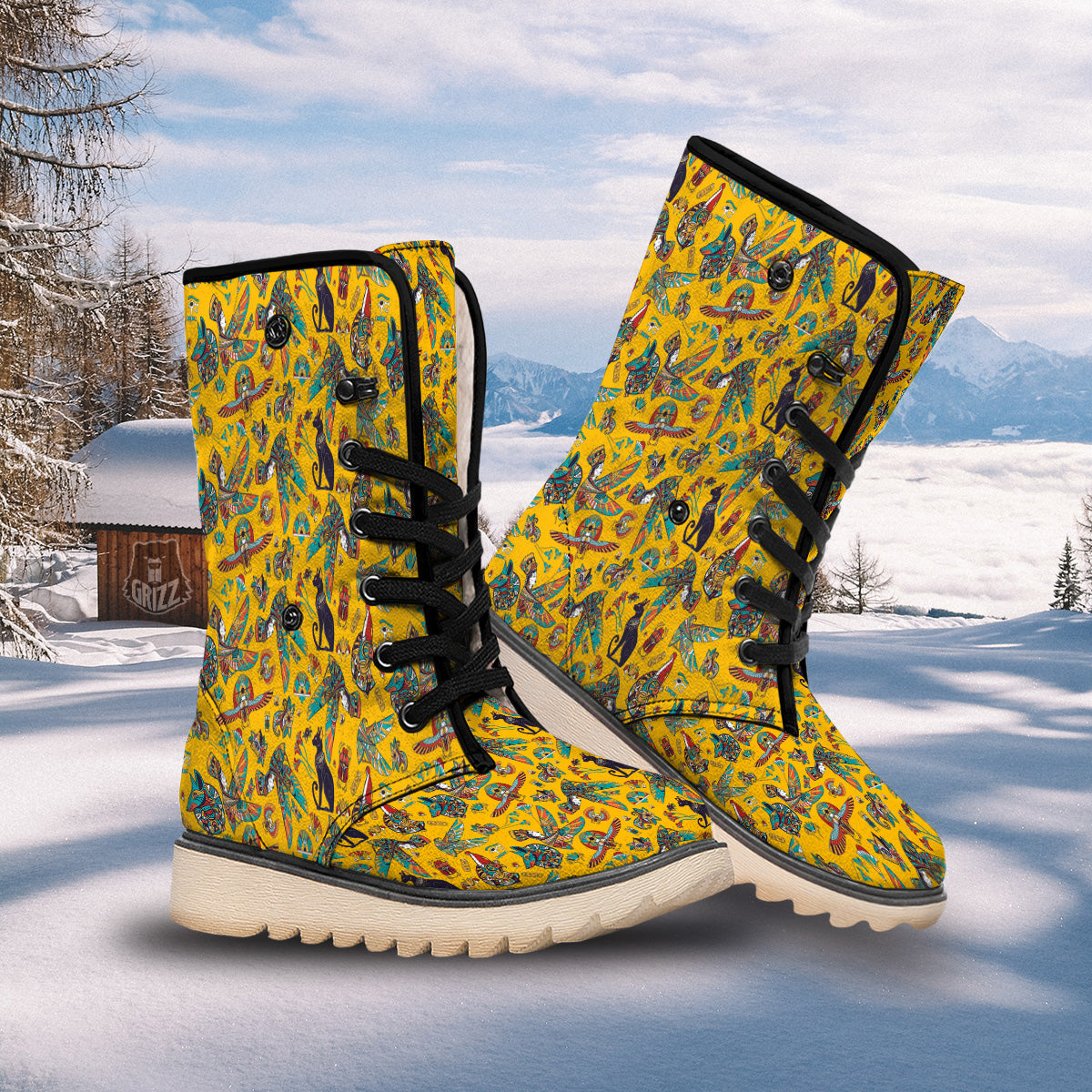Ancient Egypt Yellow Print Pattern Snow Boots-grizzshop