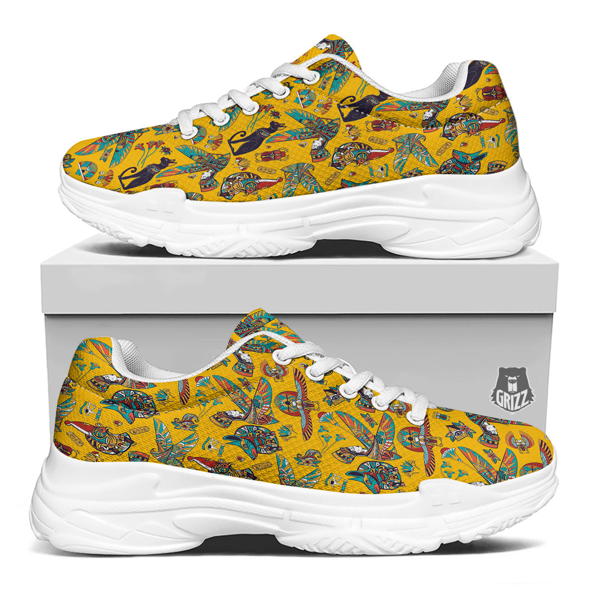 Ancient Egypt Yellow Print Pattern White Chunky Shoes-grizzshop
