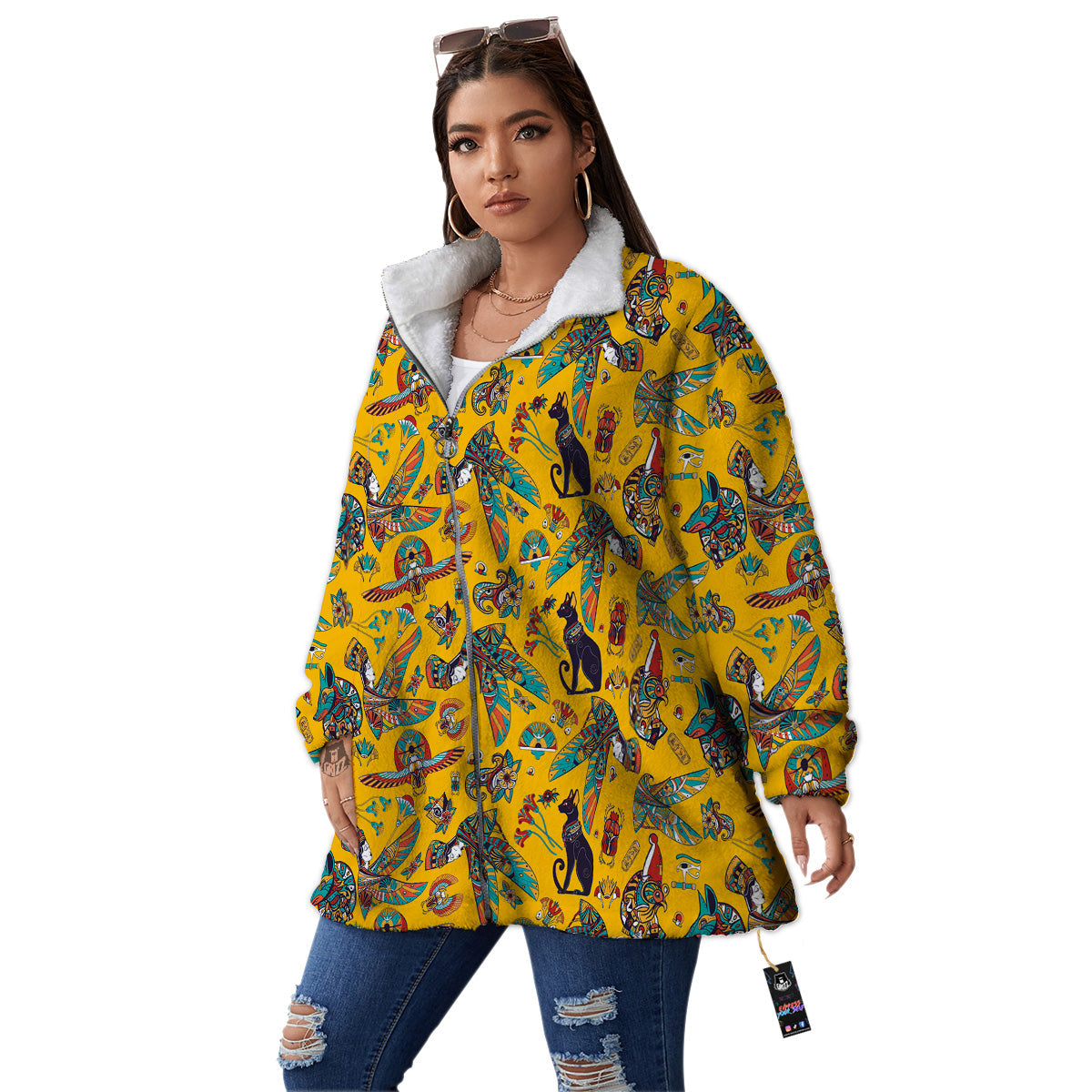 Ancient Egypt Yellow Print Pattern Women's Sherpa Jacket-grizzshop