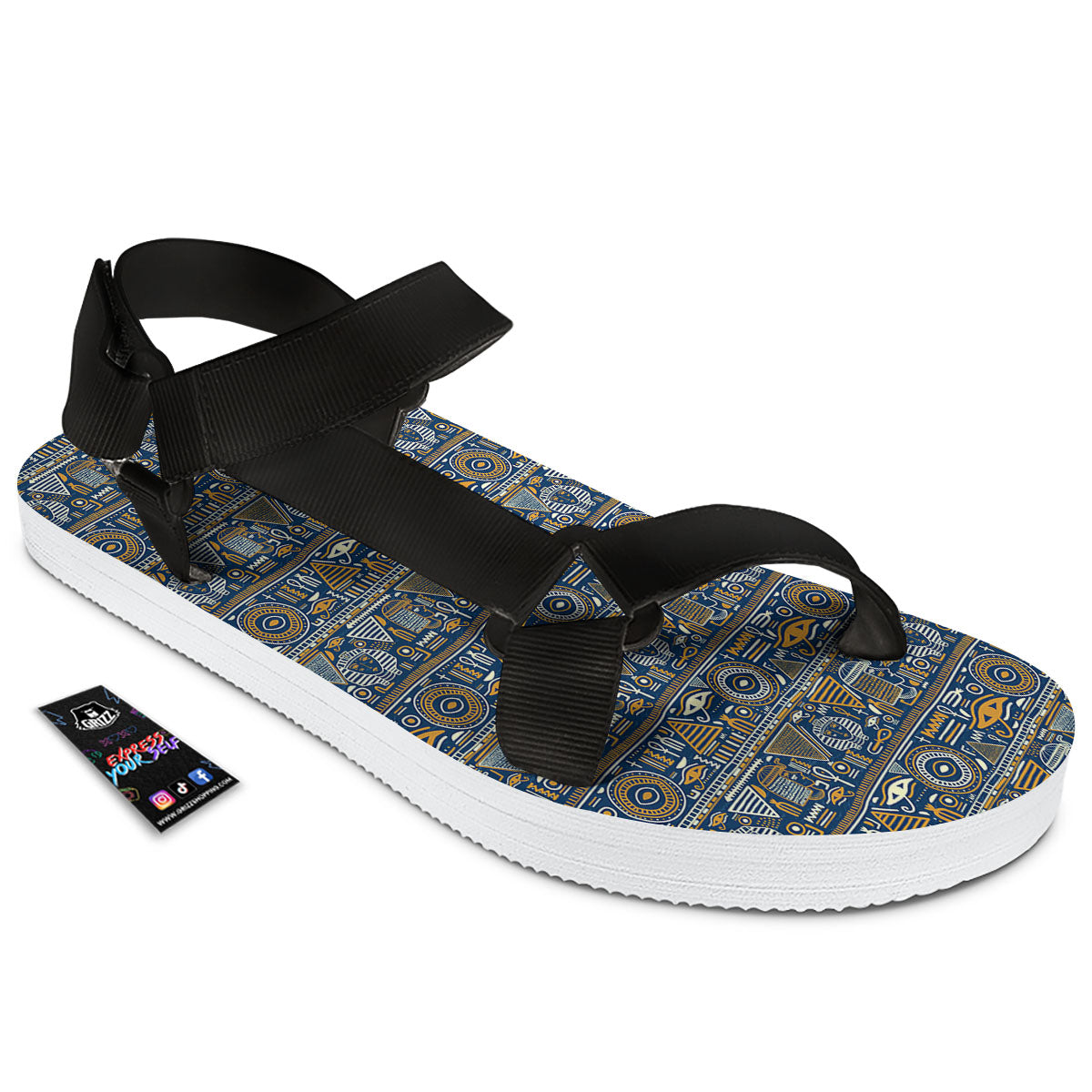 Ancient Egyptian Tribal Blue Print Pattern Black Open Toe Sandals-grizzshop