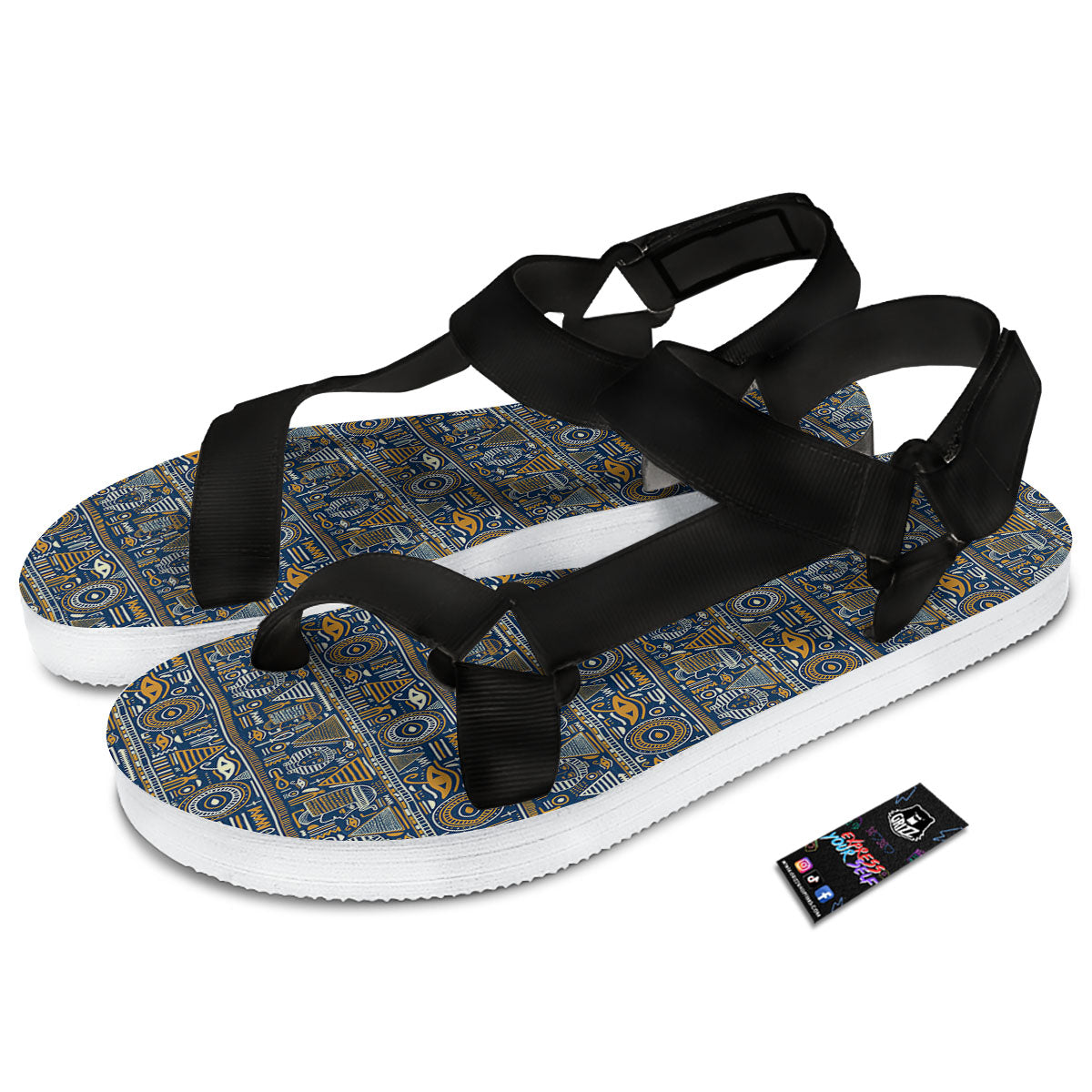 Ancient Egyptian Tribal Blue Print Pattern Black Open Toe Sandals-grizzshop
