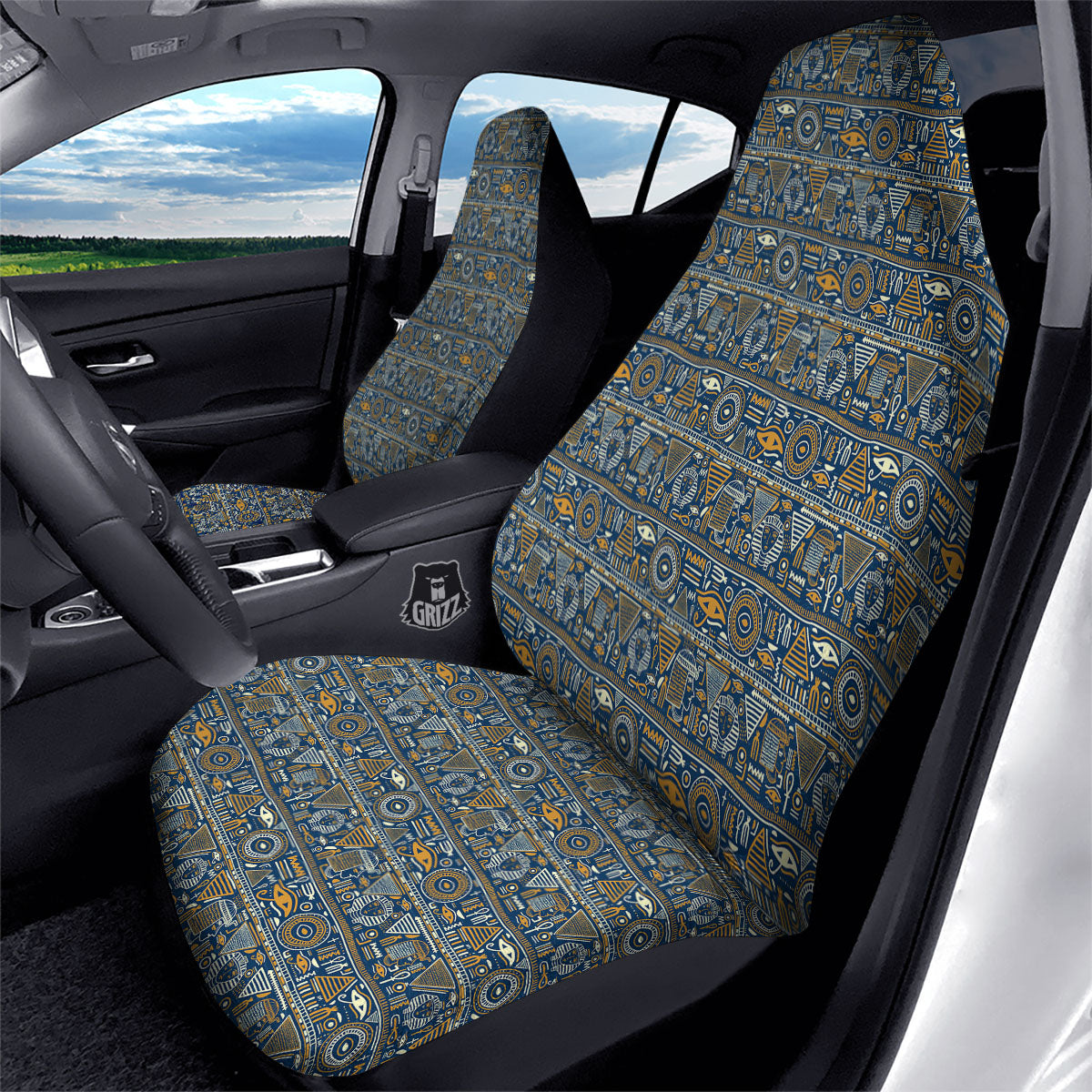 Ancient Egyptian Tribal Blue Print Pattern Car Seat Covers-grizzshop