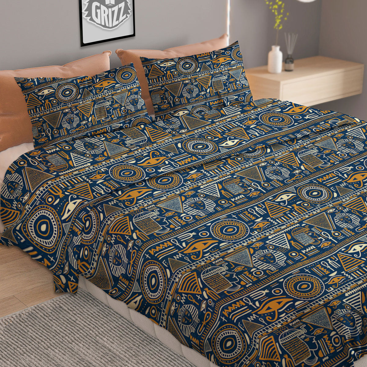 Ancient Egyptian Tribal Blue Print Pattern Duvet Cover Bedding Set