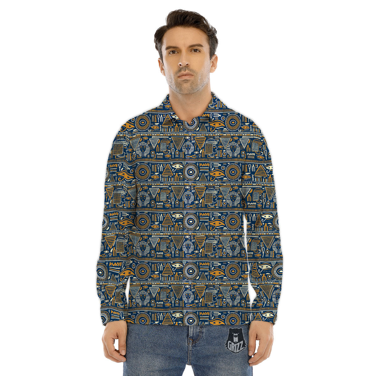 Ancient Egyptian Tribal Blue Print Pattern Men's Dress Shirts-grizzshop
