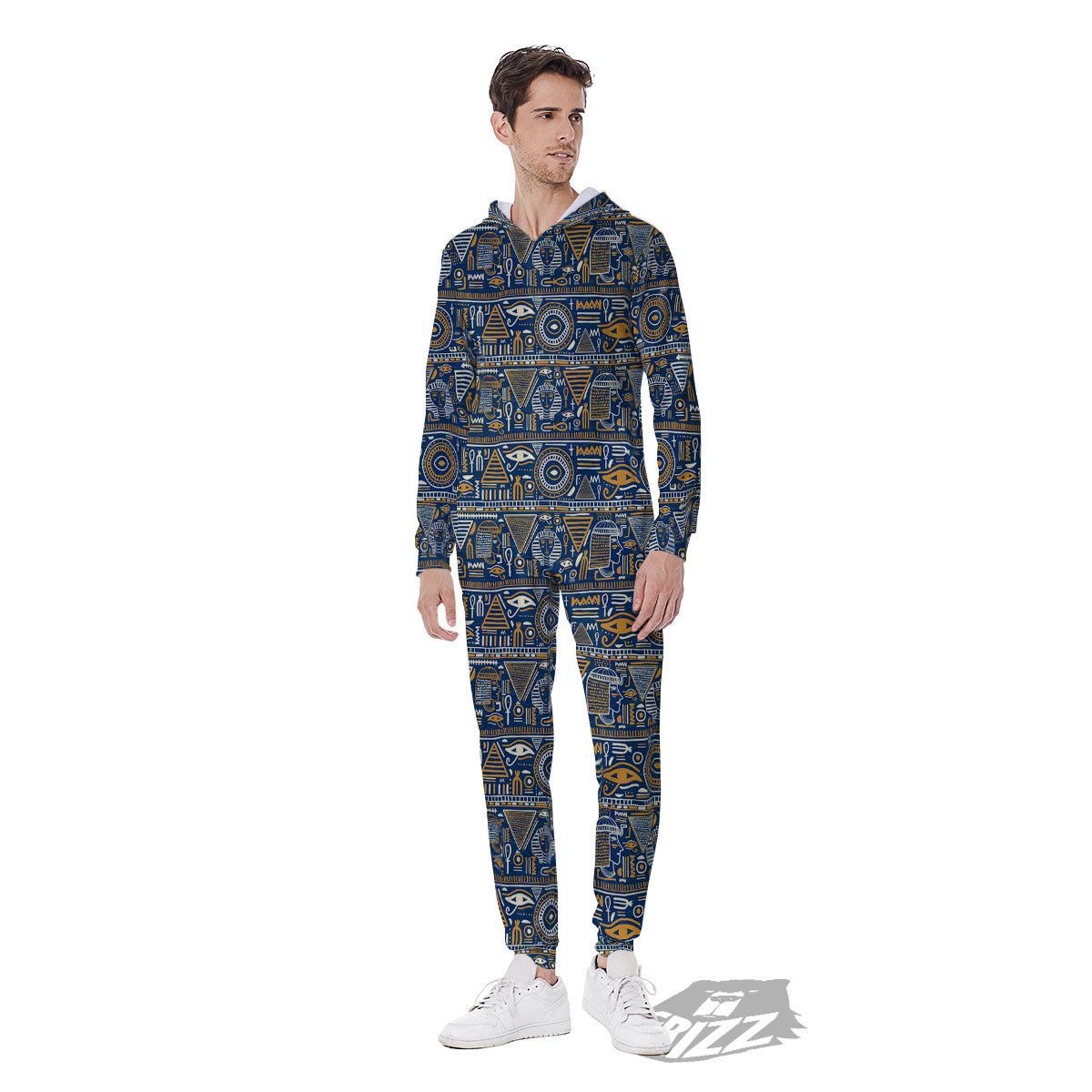 Ancient Egyptian Tribal Blue Print Pattern Men's Jumpsuit-grizzshop