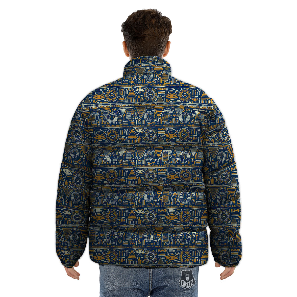 Ancient Egyptian Tribal Blue Print Pattern Puffer Jacket-grizzshop
