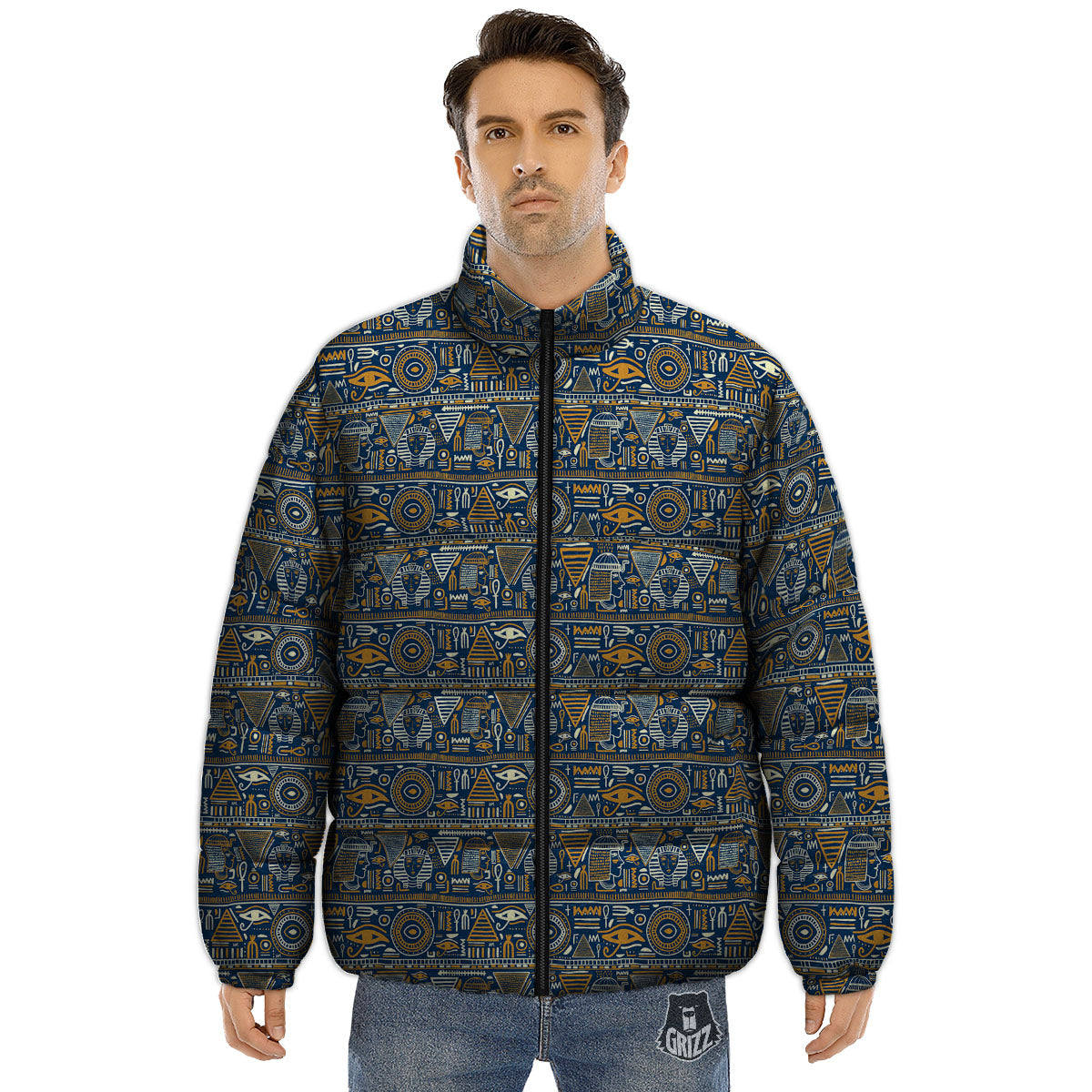 Ancient Egyptian Tribal Blue Print Pattern Puffer Jacket-grizzshop