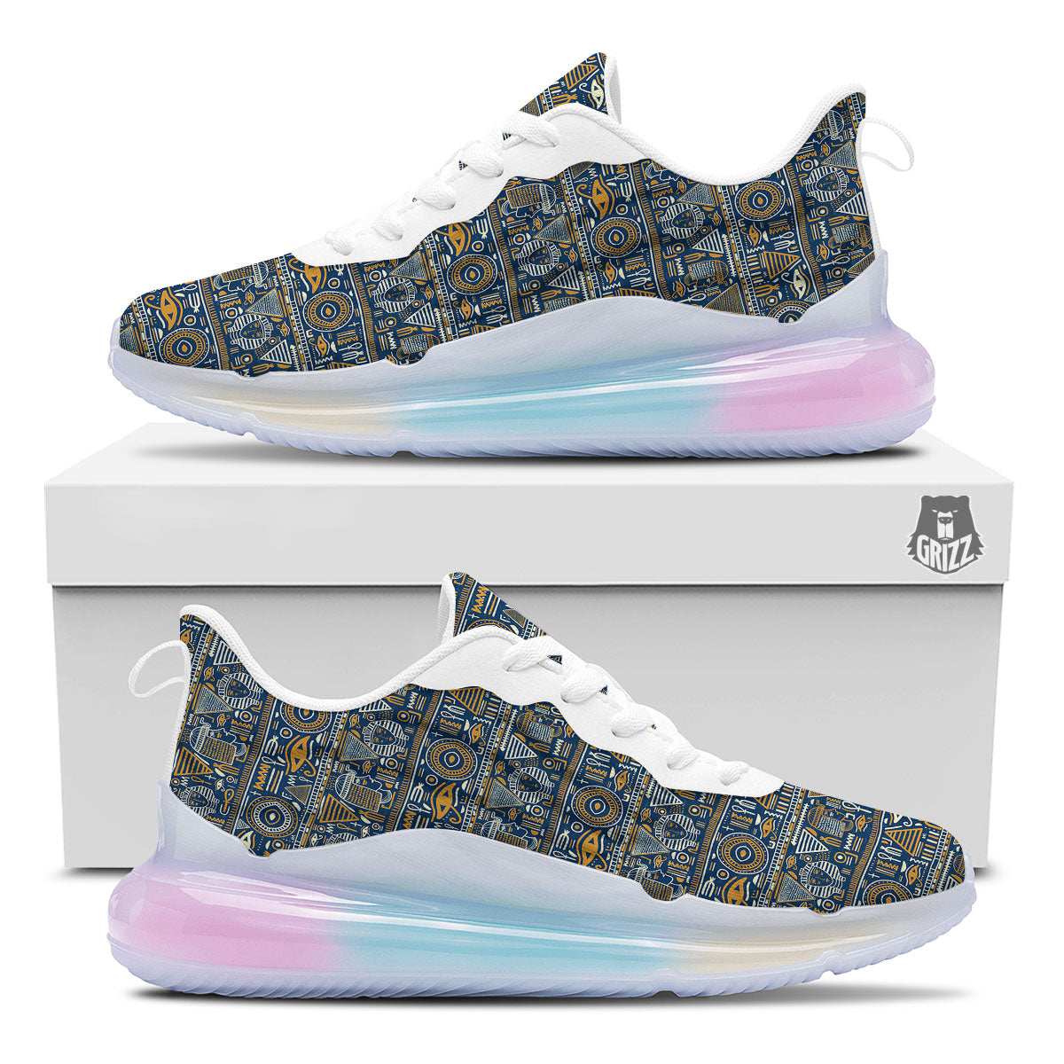 Ancient Egyptian Tribal Blue Print Pattern Running Sneakers-grizzshop