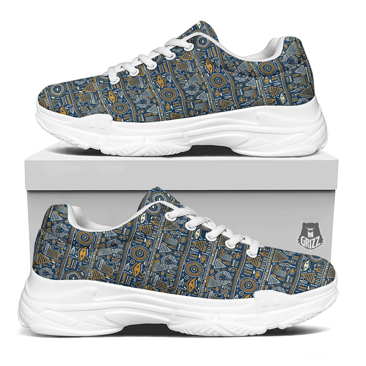 Ancient Egyptian Tribal Blue Print Pattern White Chunky Shoes-grizzshop