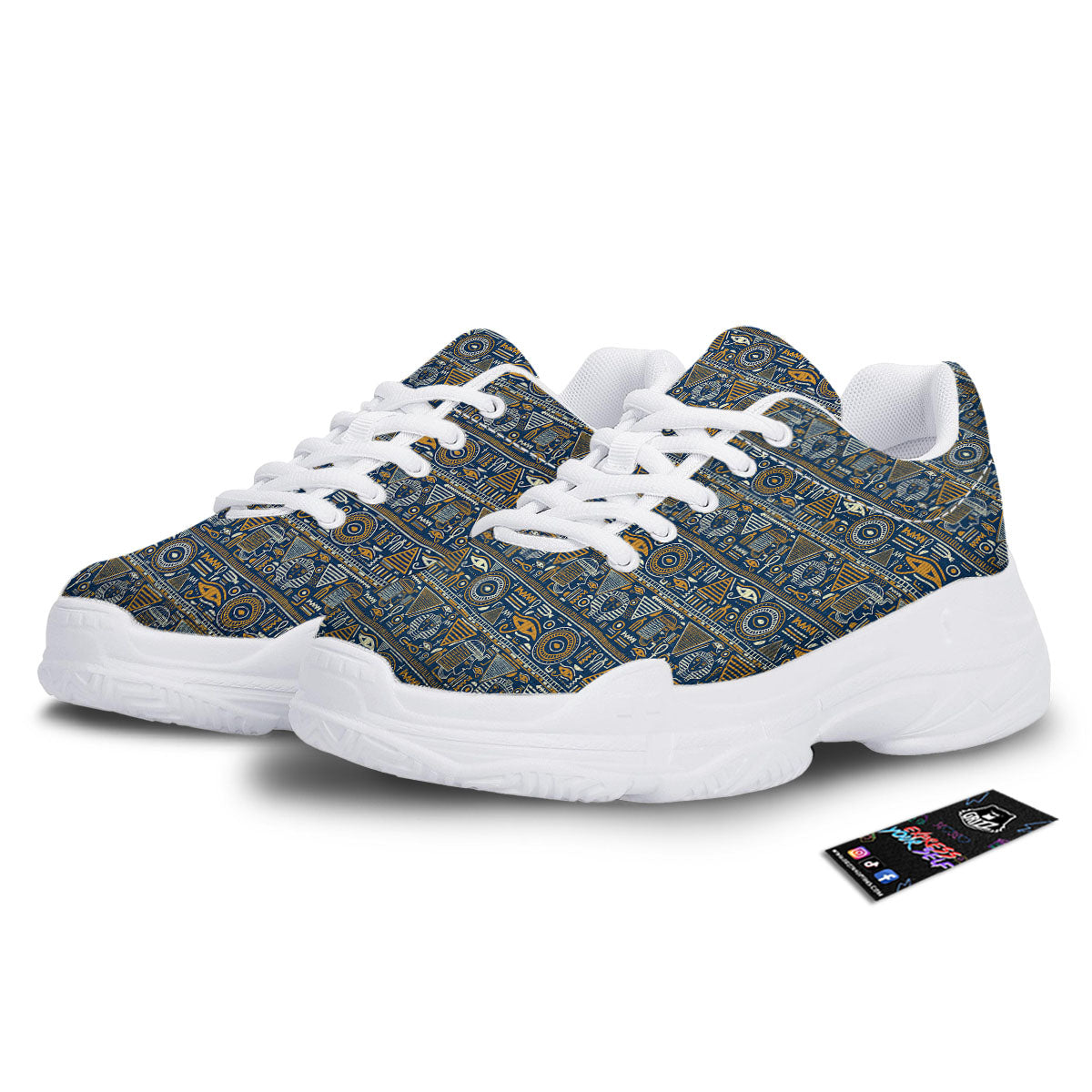 Ancient Egyptian Tribal Blue Print Pattern White Chunky Shoes-grizzshop