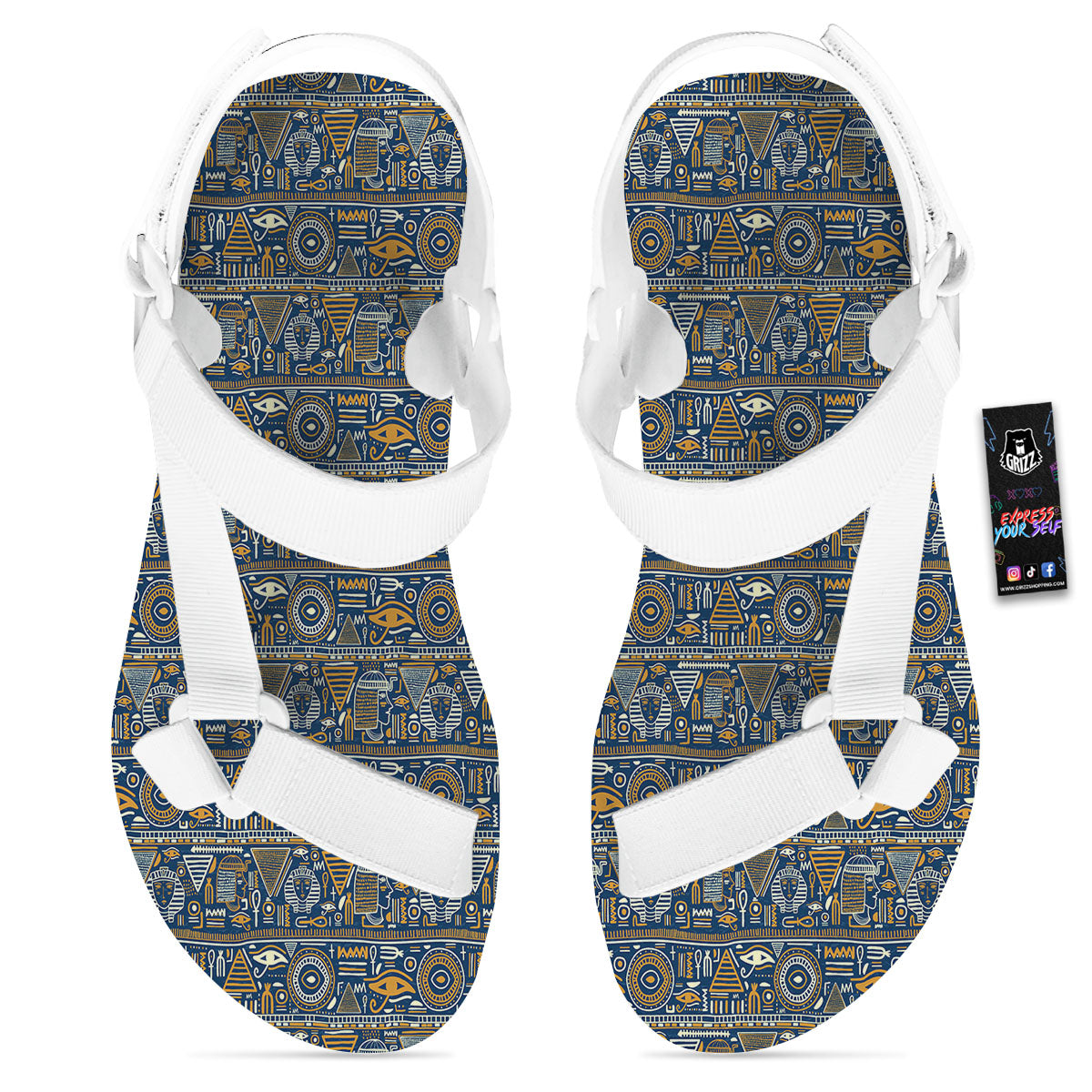Ancient Egyptian Tribal Blue Print Pattern White Open Toe Sandals-grizzshop