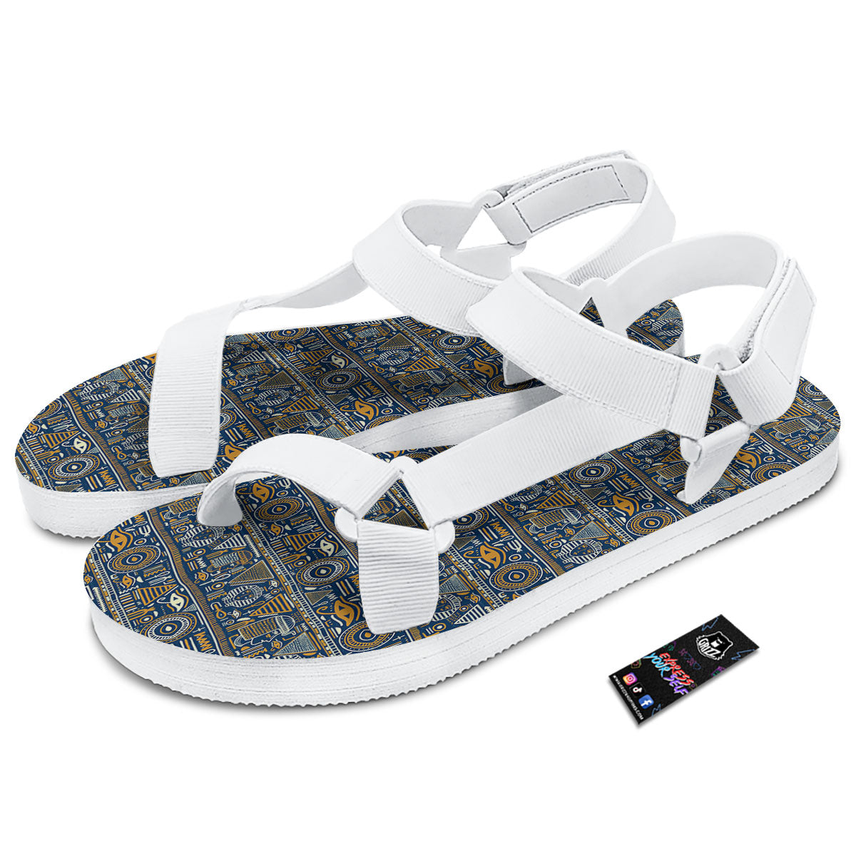 Ancient Egyptian Tribal Blue Print Pattern White Open Toe Sandals-grizzshop