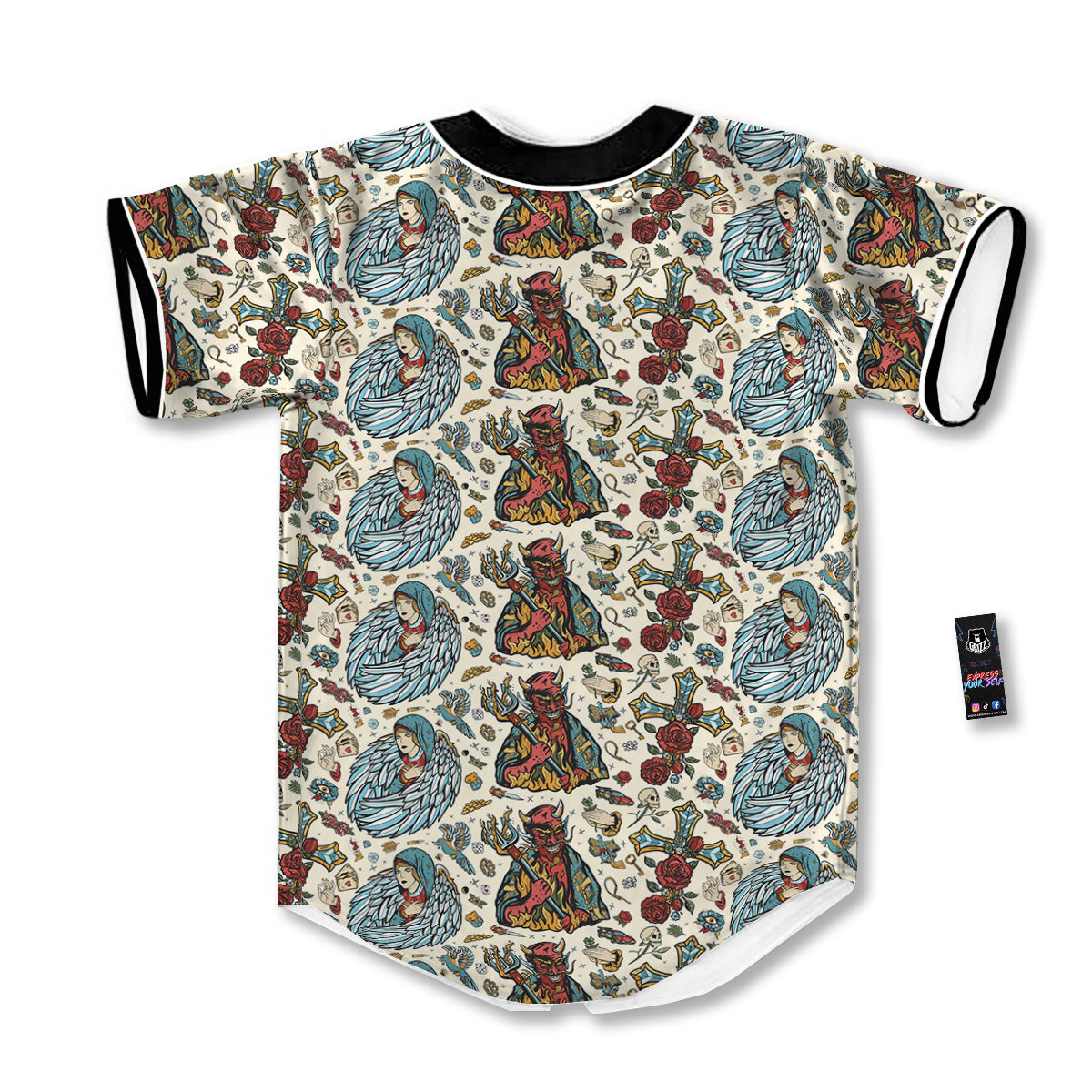 Angel And Demon Old School Tattoo Print Pattern Baseball Jersey-grizzshop