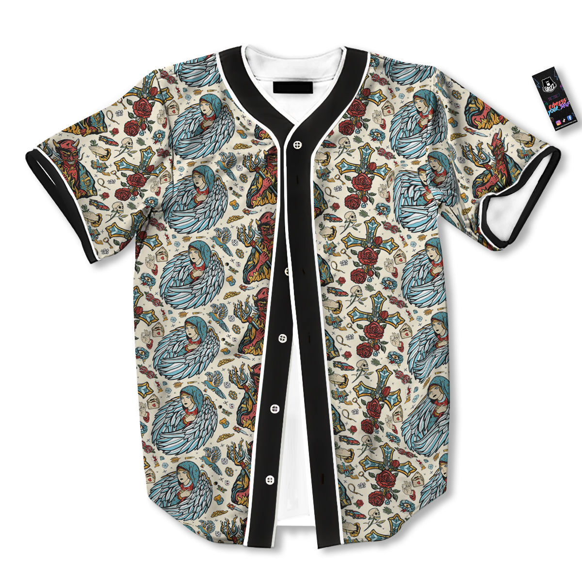 Angel And Demon Old School Tattoo Print Pattern Baseball Jersey-grizzshop