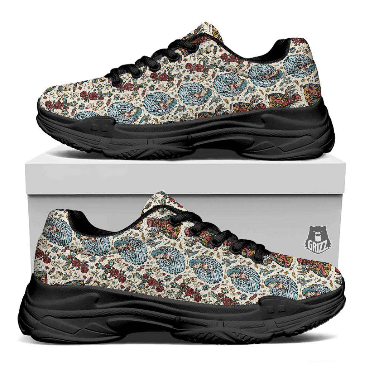 Angel And Demon Old School Tattoo Print Pattern Black Chunky Shoes-grizzshop