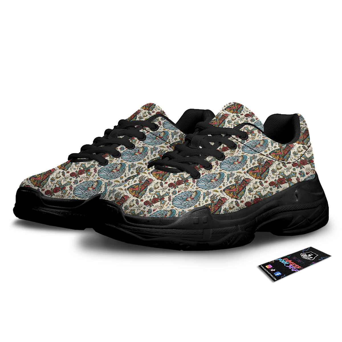 Angel And Demon Old School Tattoo Print Pattern Black Chunky Shoes-grizzshop