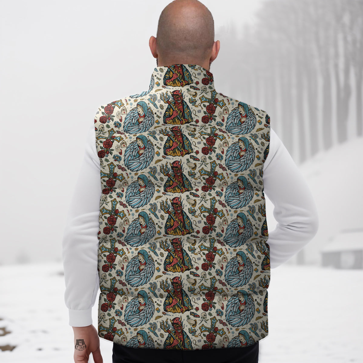 Angel And Demon Old School Tattoo Print Pattern Down Vest