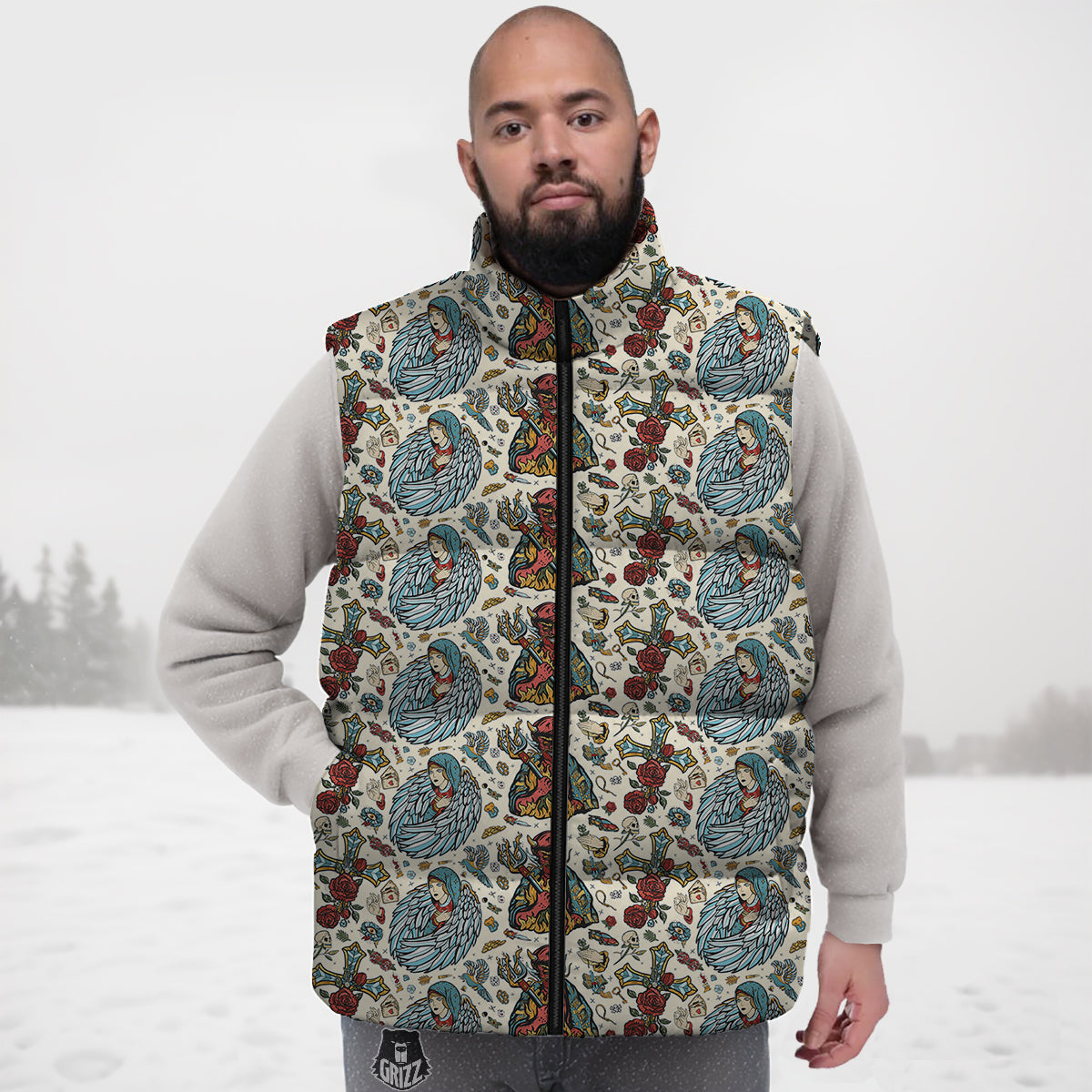 Angel And Demon Old School Tattoo Print Pattern Down Vest