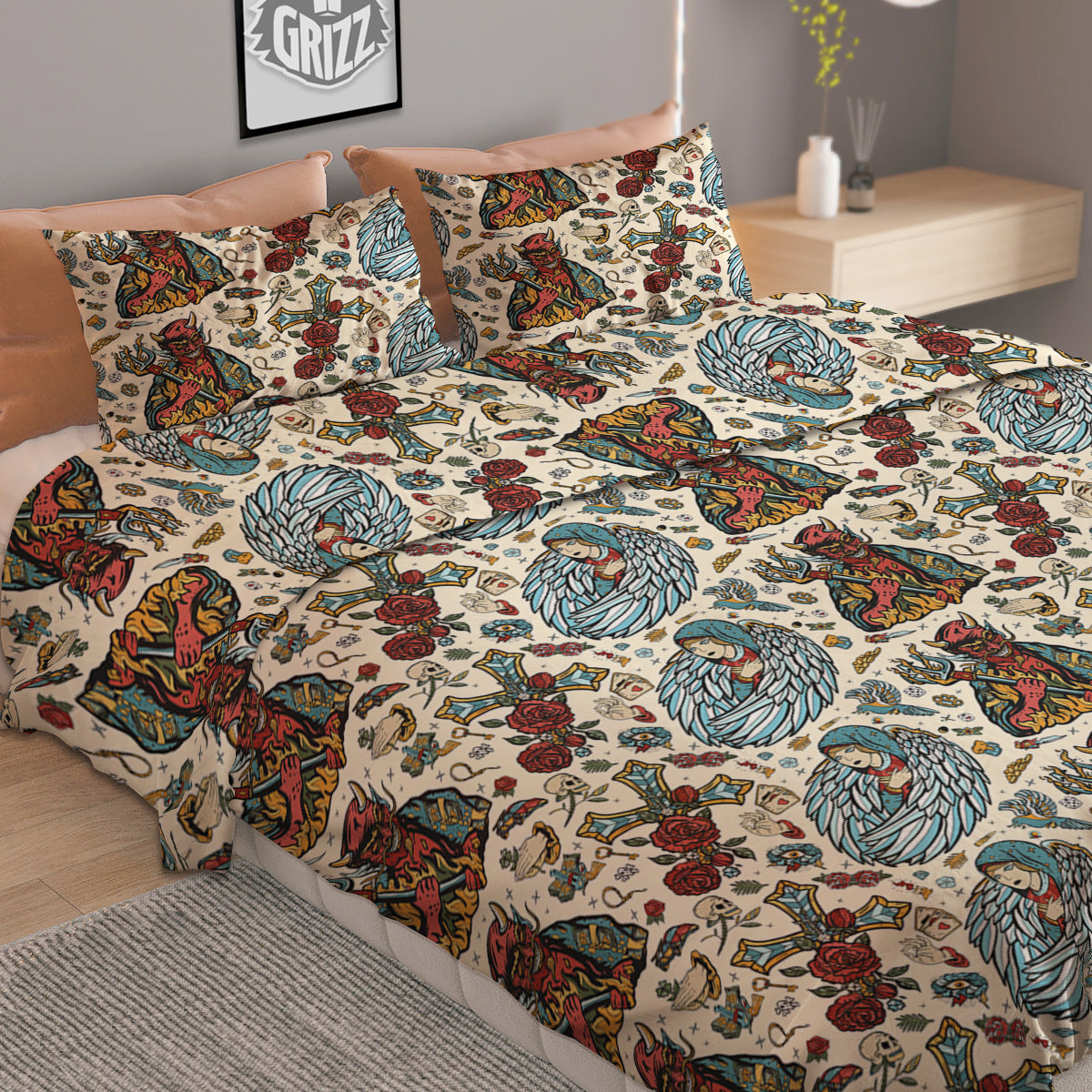Angel And Demon Old School Tattoo Print Pattern Duvet Cover Bedding Set