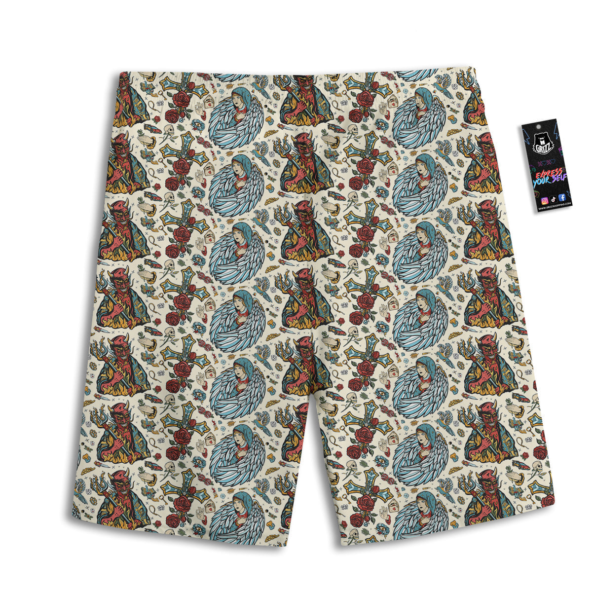 Angel And Demon Old School Tattoo Print Pattern Men's Athletic Shorts