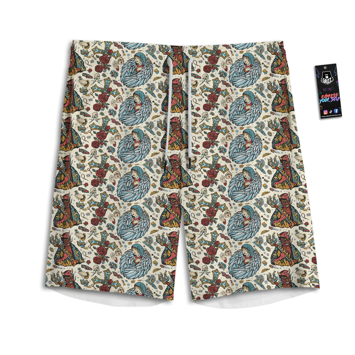 Angel And Demon Old School Tattoo Print Pattern Men's Athletic Shorts