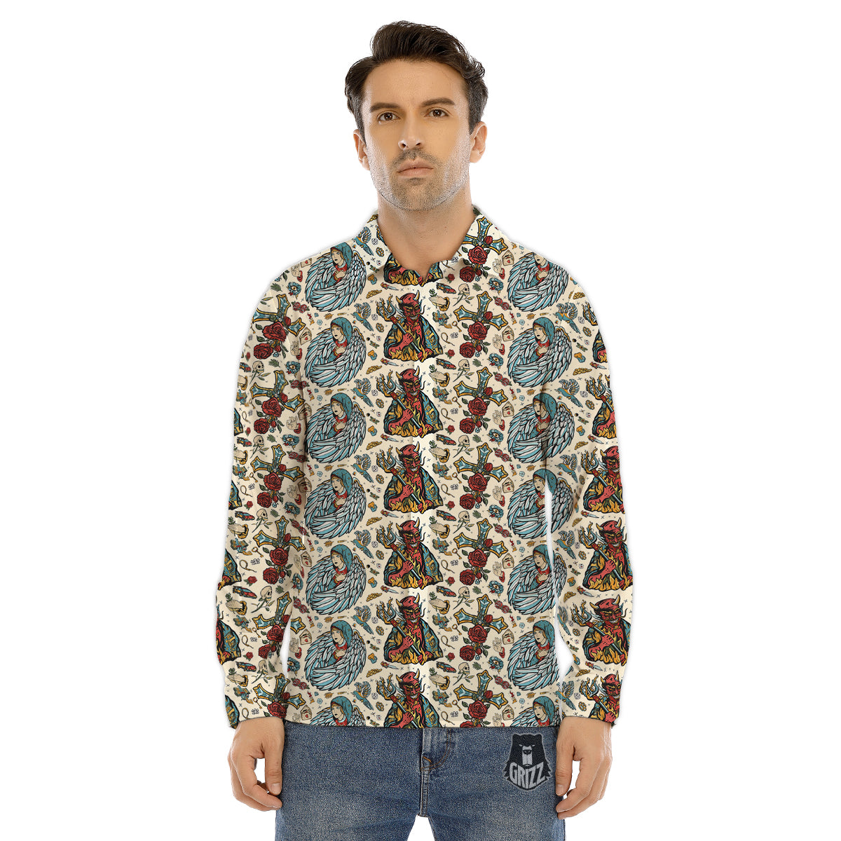 Angel And Demon Old School Tattoo Print Pattern Men's Dress Shirts-grizzshop