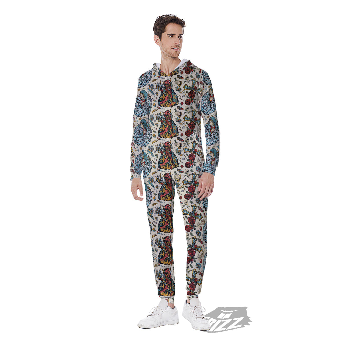 Angel And Demon Old School Tattoo Print Pattern Men's Jumpsuit-grizzshop
