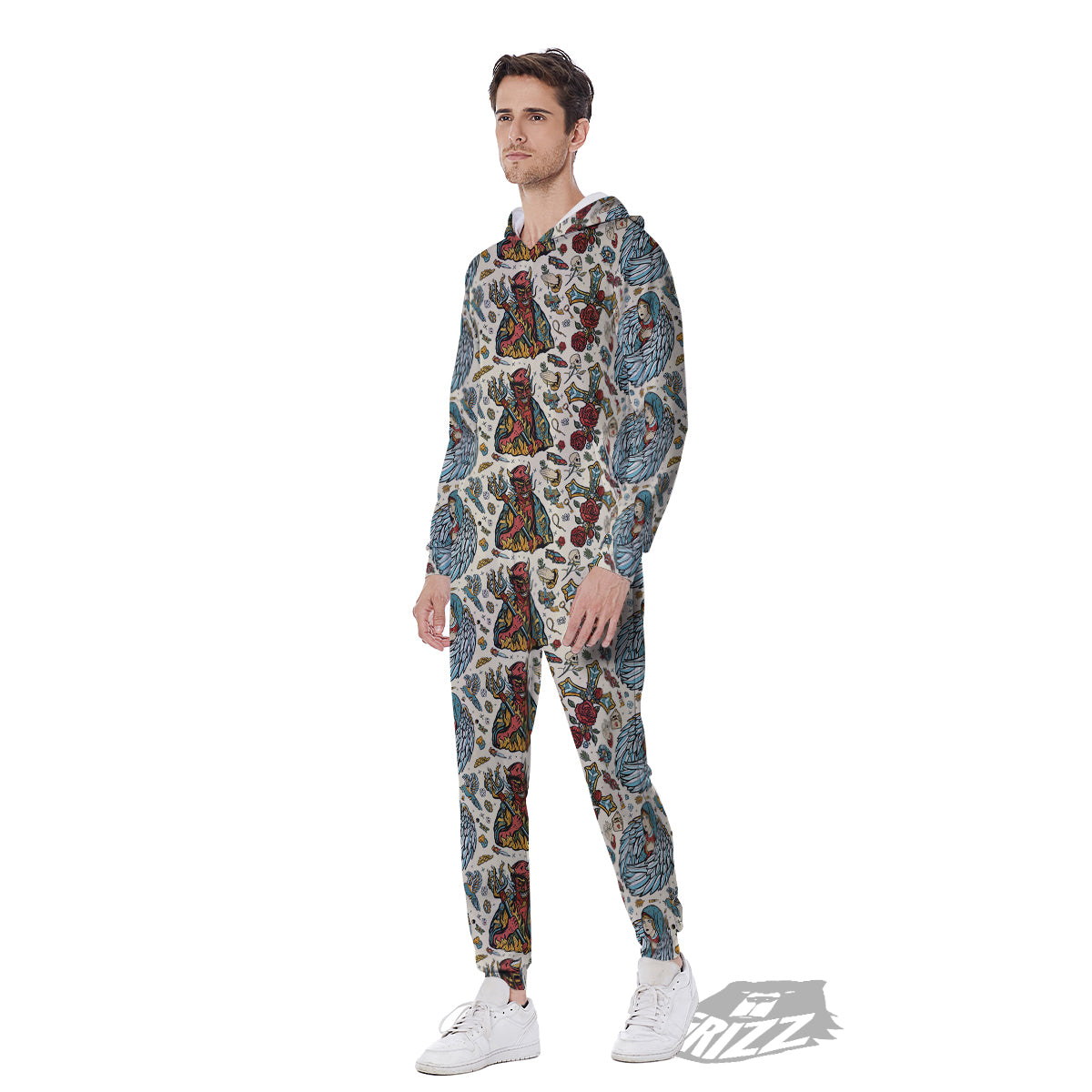 Angel And Demon Old School Tattoo Print Pattern Men's Jumpsuit-grizzshop