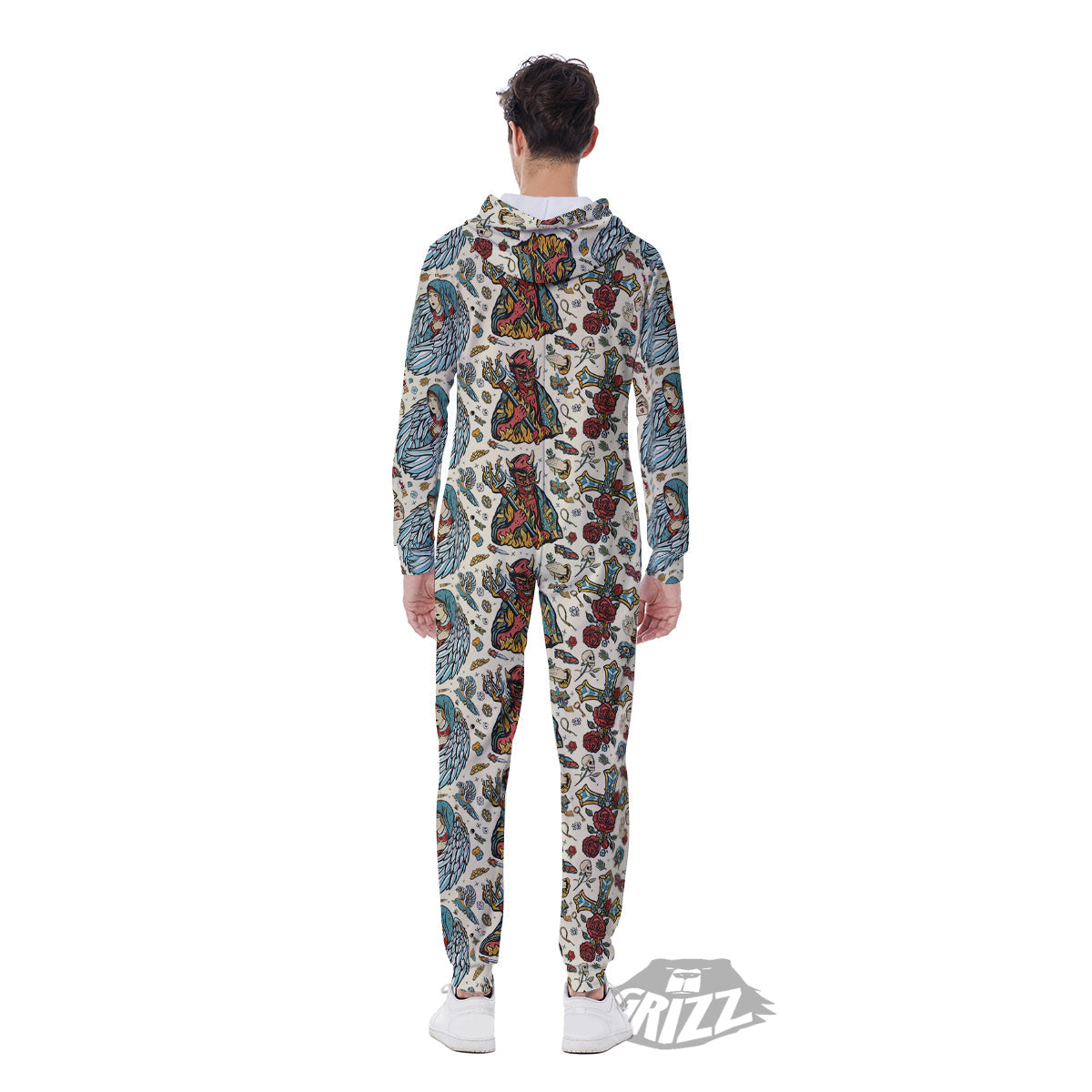 Angel And Demon Old School Tattoo Print Pattern Men's Jumpsuit-grizzshop