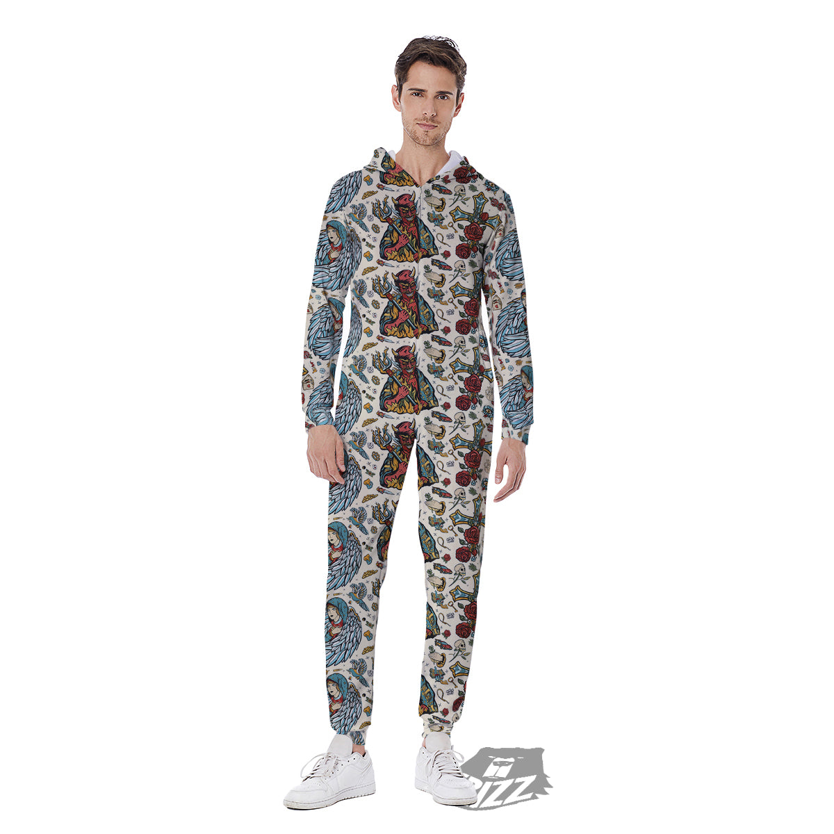 Angel And Demon Old School Tattoo Print Pattern Men's Jumpsuit-grizzshop