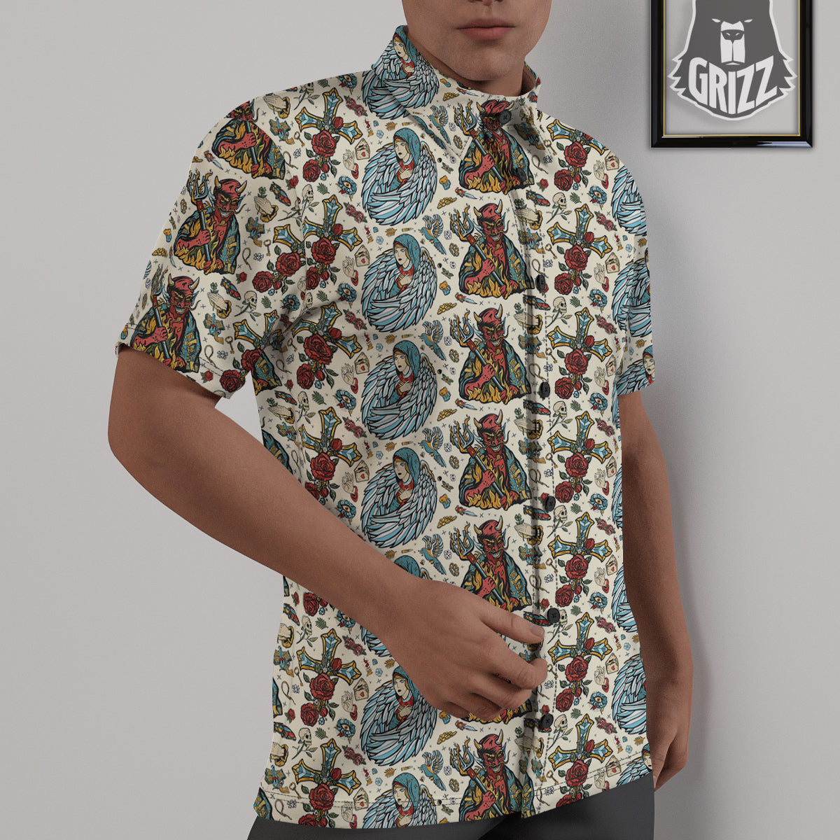 Angel And Demon Old School Tattoo Print Pattern Untucked Shirts-grizzshop
