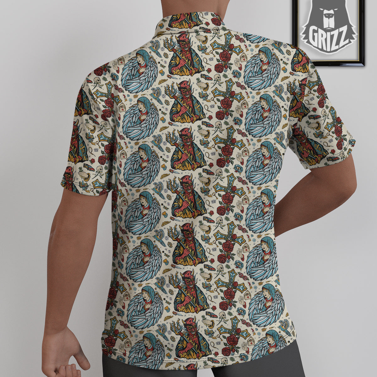Angel And Demon Old School Tattoo Print Pattern Untucked Shirts-grizzshop