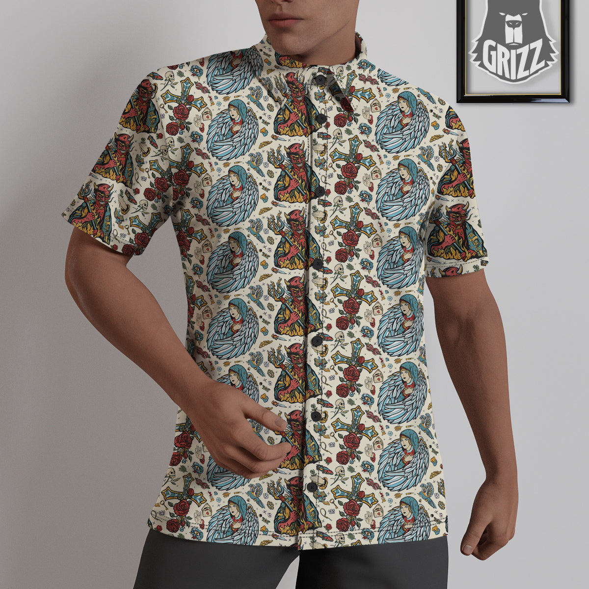 Angel And Demon Old School Tattoo Print Pattern Untucked Shirts-grizzshop