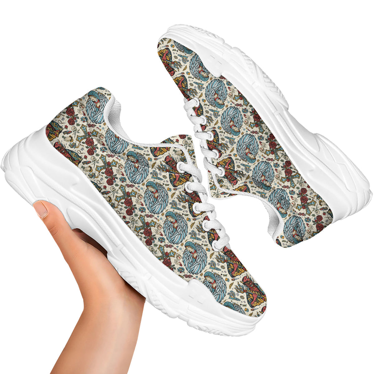 Angel And Demon Old School Tattoo Print Pattern White Chunky Shoes-grizzshop