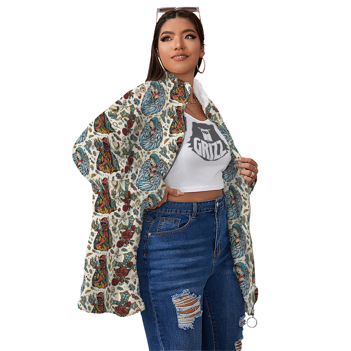 Angel And Demon Old School Tattoo Print Pattern Women's Sherpa Jacket-grizzshop