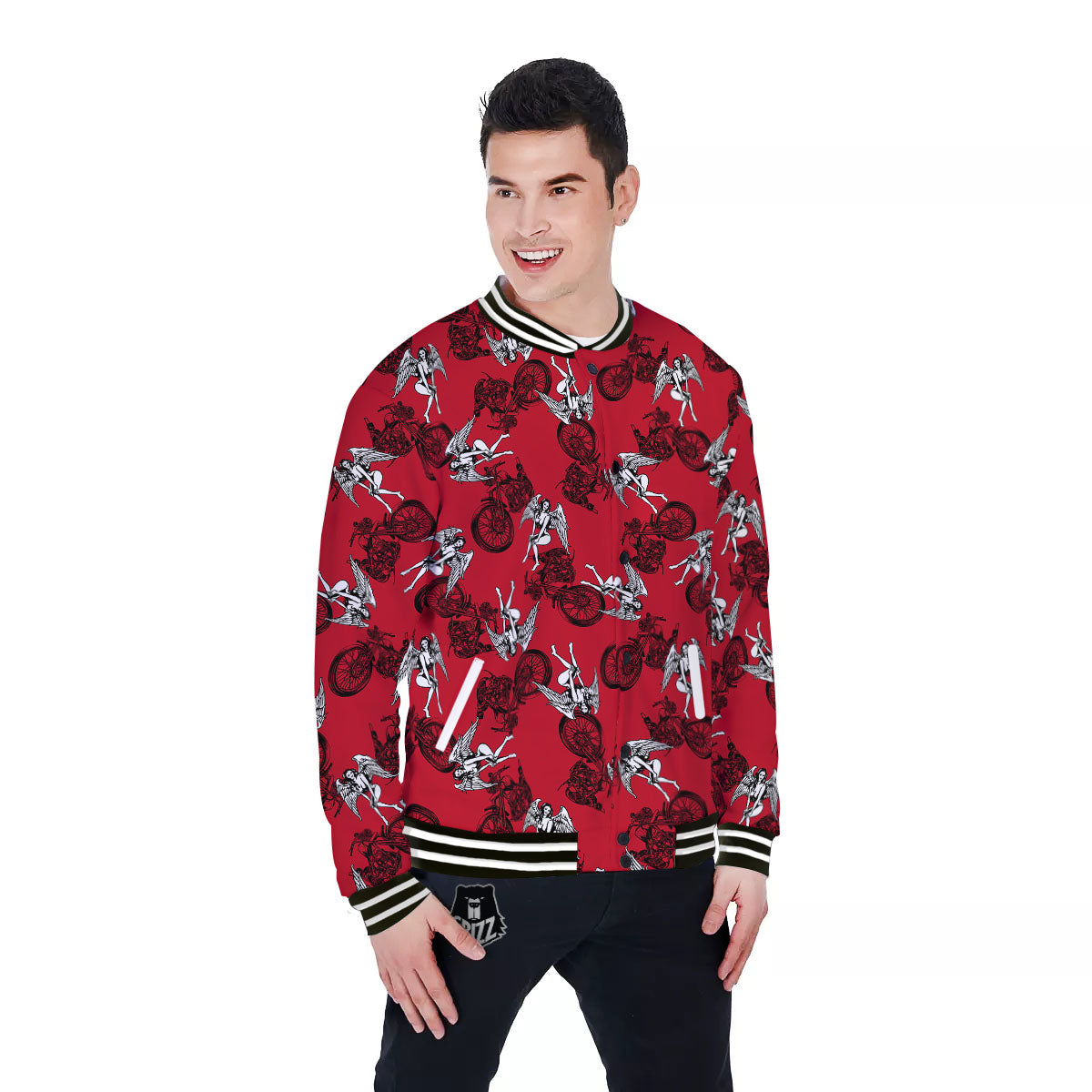 Angel And Motorcycle Print Pattern Baseball Jacket-grizzshop